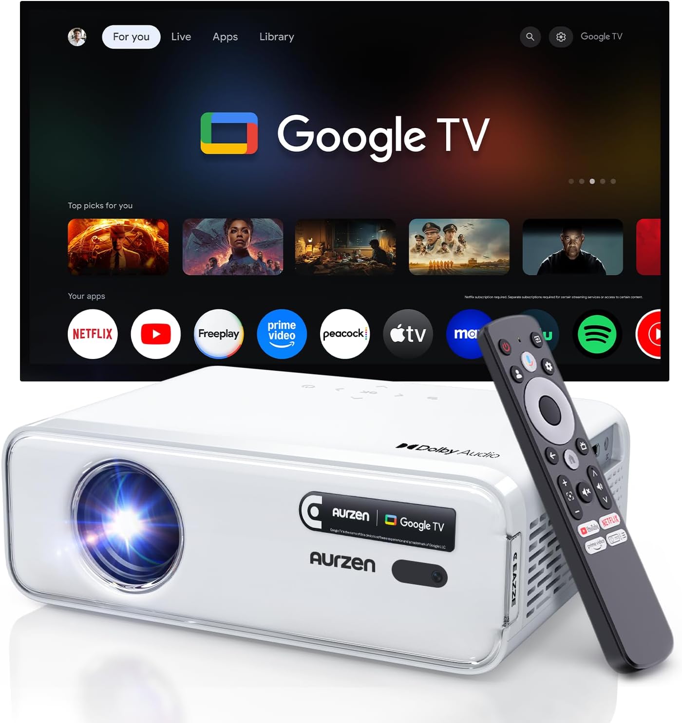 Aurzen EAZZE D1G 4K Supported Google TV Smart Projector w/ WiFi & Bluetooth