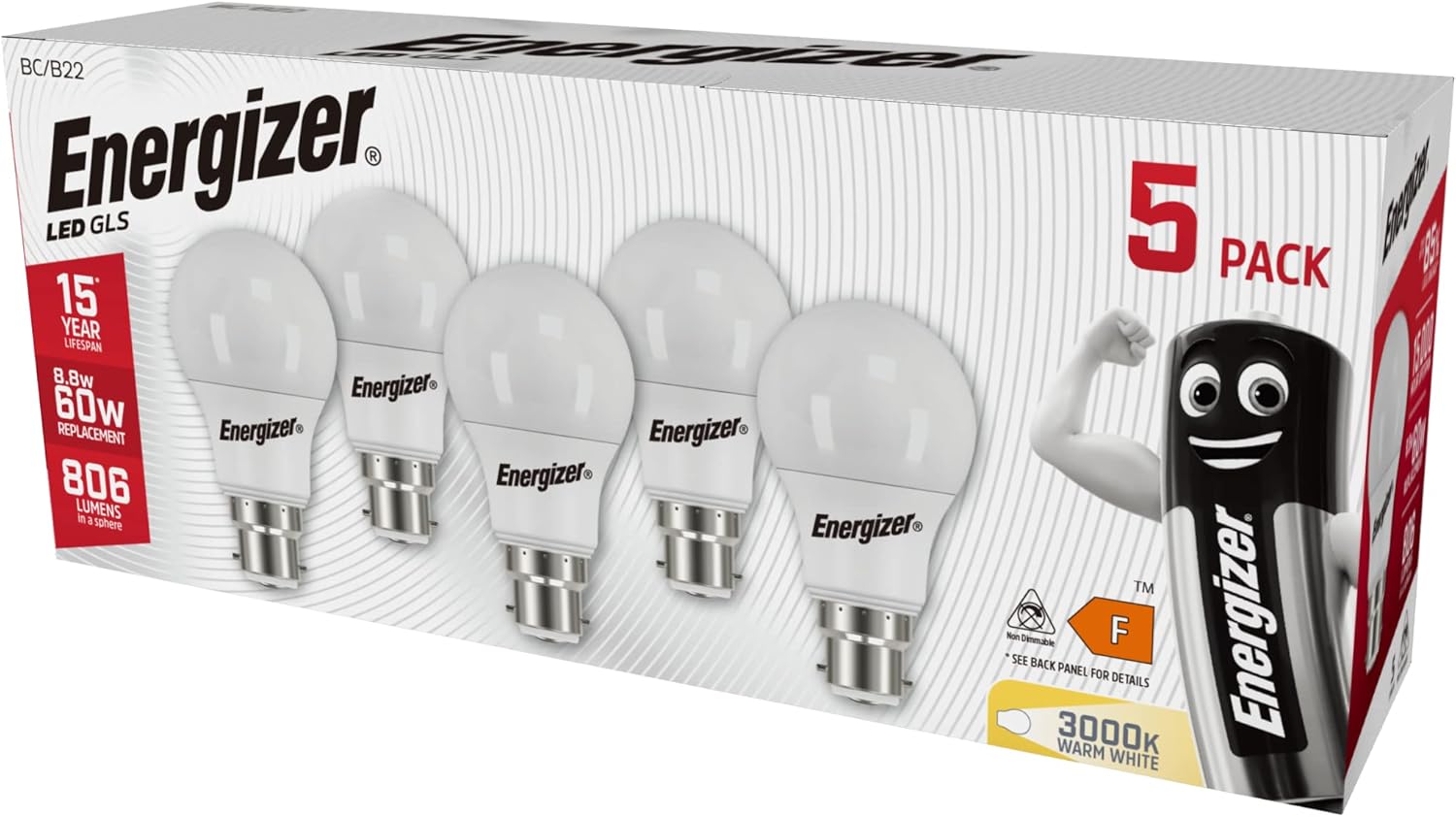 Energizer Bayonet Light Bulb 60w, B22 LED Bulbs Warm White 3000K, Energy Saver Bulb, 806 Lumen, Non-Dimmable, Pack of 5