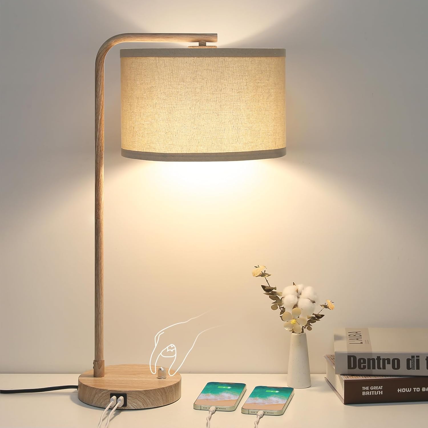 Farmhouse Table Lamp, Fully Dimmable Bedisde Lamp with Dual USB Charging Ports, Modern Nightstand Lamp, Tall Table Lamp Desk Reading Lamp for Living Room, Bedroom, Office, 9W LED Bulb Included