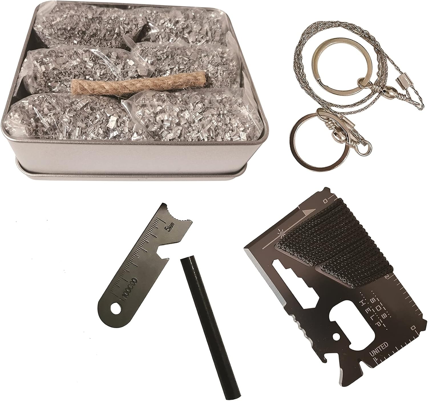 eGreen Fire Starter Magnesium 6 Bags 99% Ferro Rods Striker 14 in 1 Tool Saw Wire Wax Jute Rope Free Tin Box (Mg + Ferro Striker + Wire + Blower + Wax Rope)