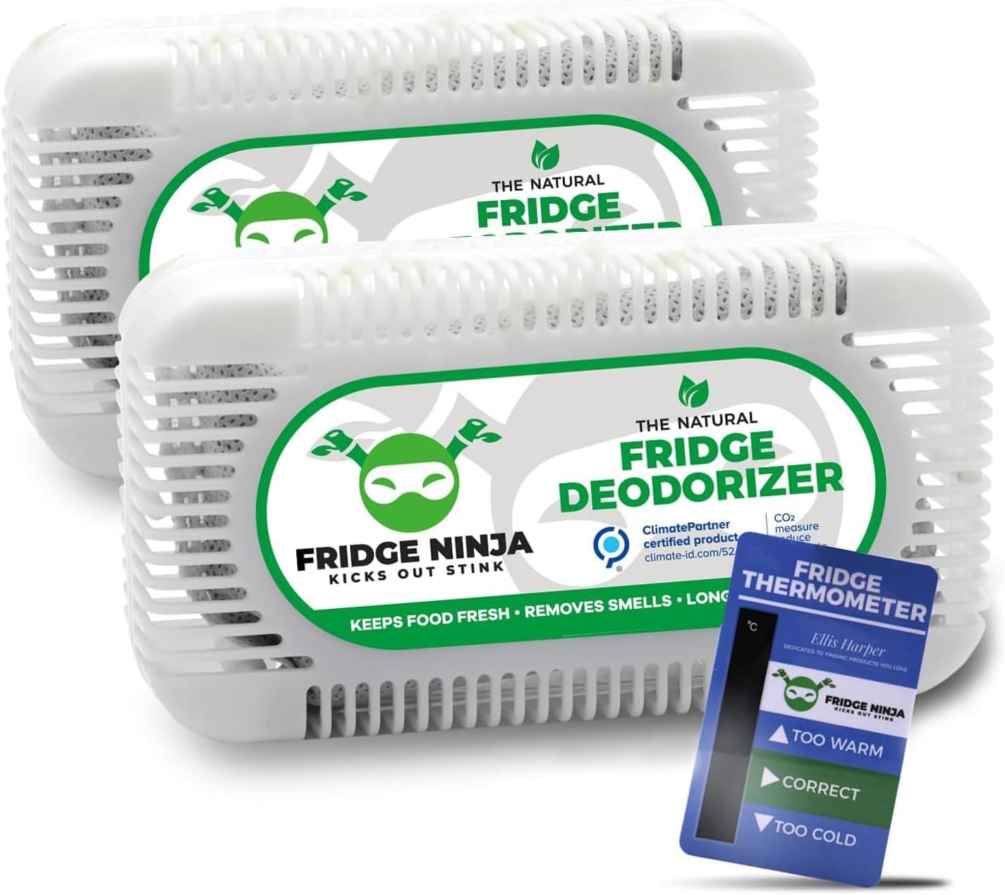 Fridge Ninja Fridge Deodoriser and Freshener- Unscented Activated Charcoal, Lasts for 12 Months, Odour Eliminator, Smell Remover, & Scent Absorber, Fridge Accessories for Freshness - 2 Pack