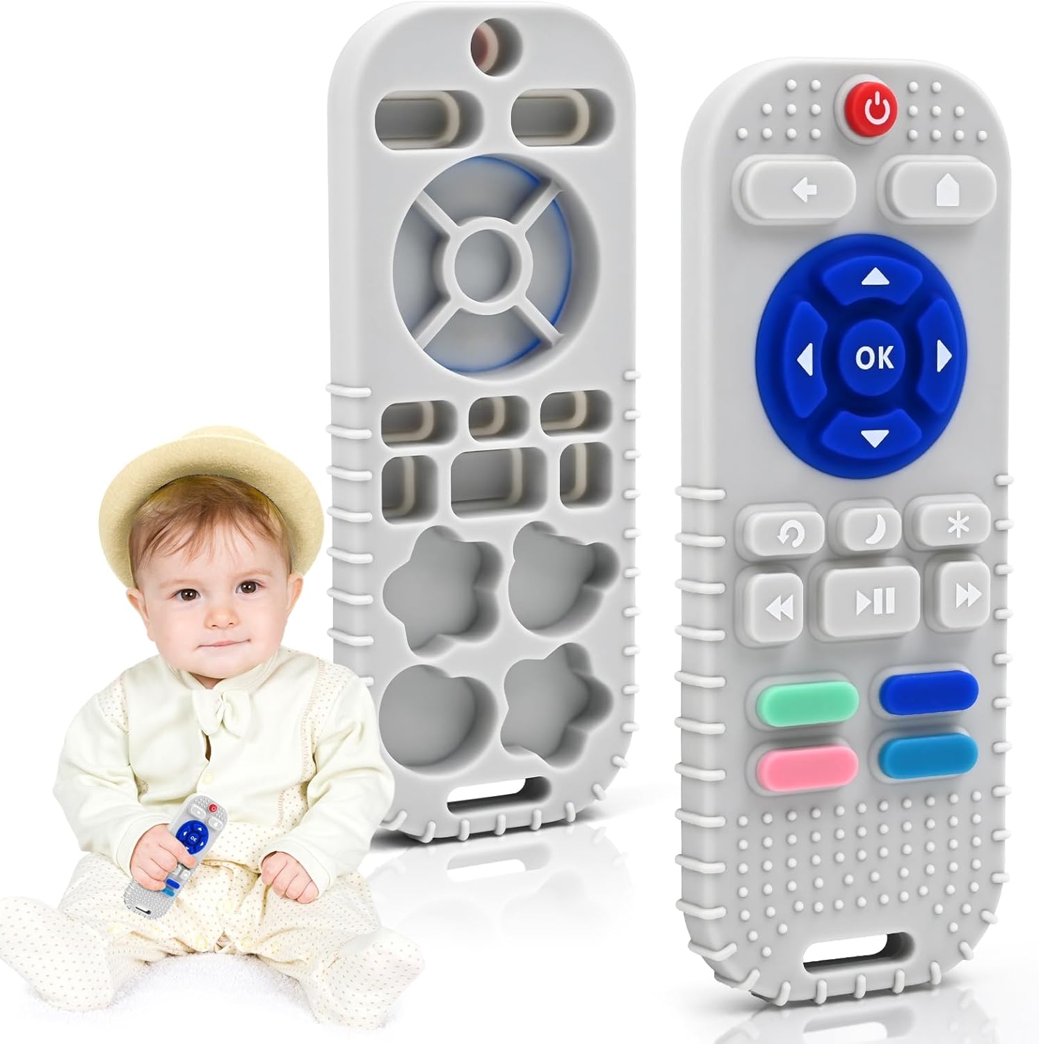 Teething Sensory Toys for Baby Autism 0 6 12 Months, Baby Teething Bath Toys for Newborn 3 6 9 12 Months Boys Girls Gifts, Food Grade Silicone Remote Control Teethers Chew Toys (Grey)
