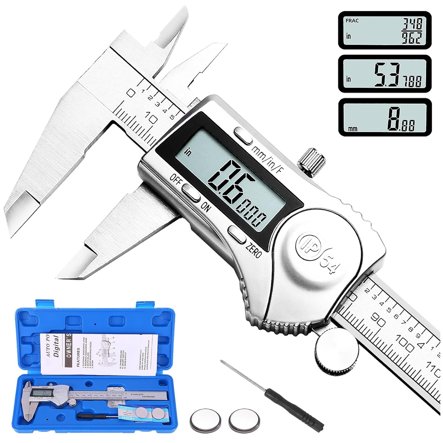 Digital Caliper, Calipers Measuring Tool with Stainless Steel, IP54 Splash Proof, Large LCD Screen, Easy Switch from Inch Metric Fraction, 6 Inch Digital Micrometer for Household Office Essentials