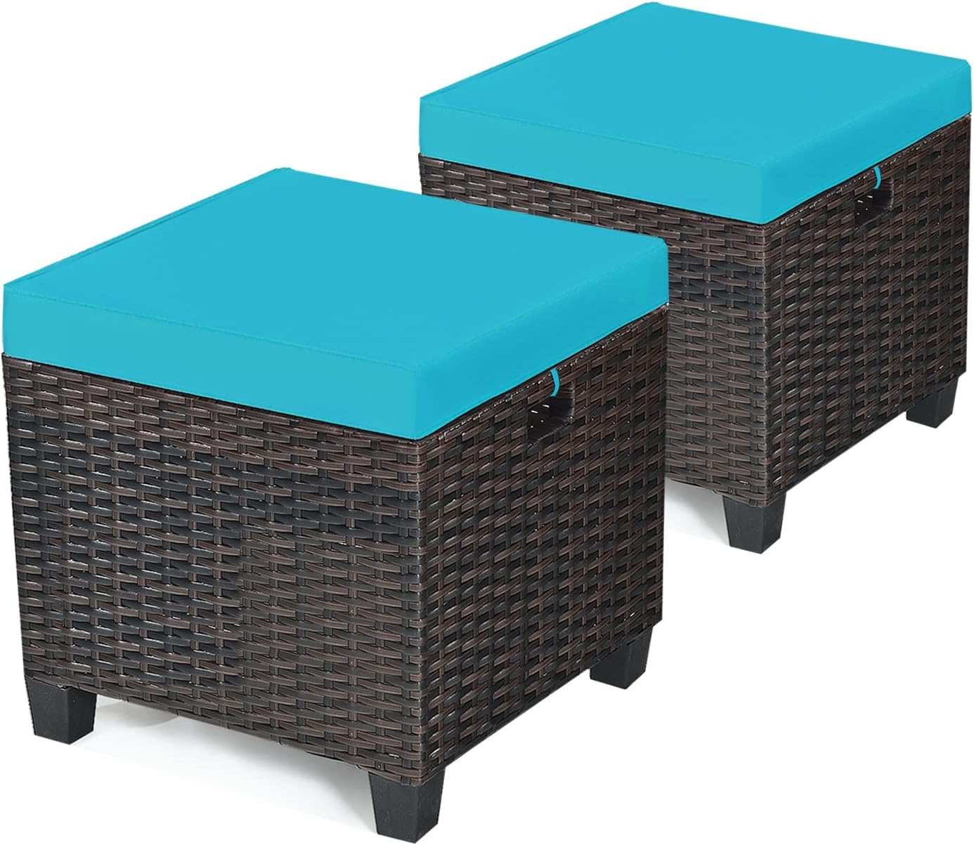 ORALNER Set of 2 Outdoor Ottoman, 16" Wicker Footstools, All-Weather Rattan Cube Foot Stool w/Removable Cushions, Square Footrest Extra Seating for Patio, Porch, Deck, Easy Assembly (Turquoise)