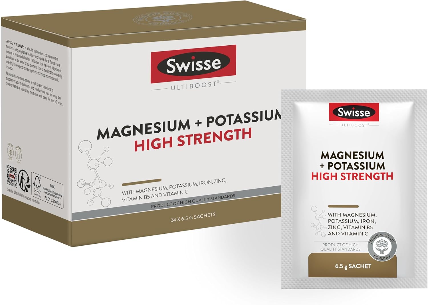 SWISSE Magnesium & Potassium High Strength - Electrolytes Magnesium Supplements for Women & Men, 24 Sachets Muscle Recovery Supplement, Minerals & Vitamins for Tiredness and Fatigue - Made in Italy
