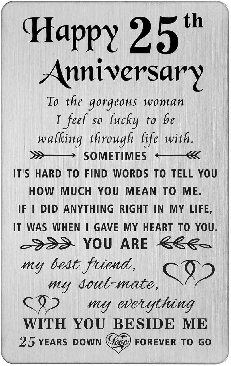 TANWIH 25th Anniversary Card Gifts for Women Wife, Happy 25 Year Wedding Anniversary Cards for Her, Engraved Metal Wallet Insert