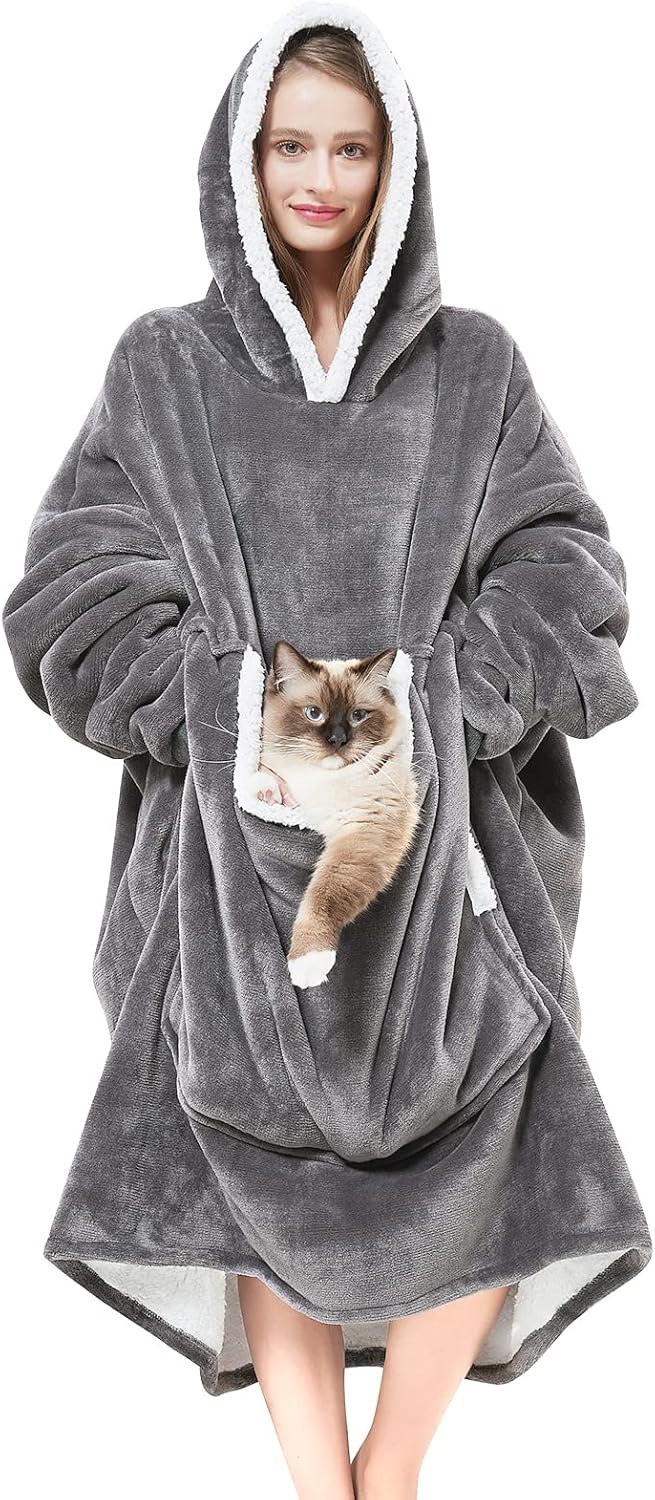 Wearable Blanket Hoodie with Giant Pocket （Pet Won't Leave） Extra Soft Sherpa Fleece Thick Warm ＆ Cozy Oversized Sweatshirt Blanket Jacket with Sleeves-Grey