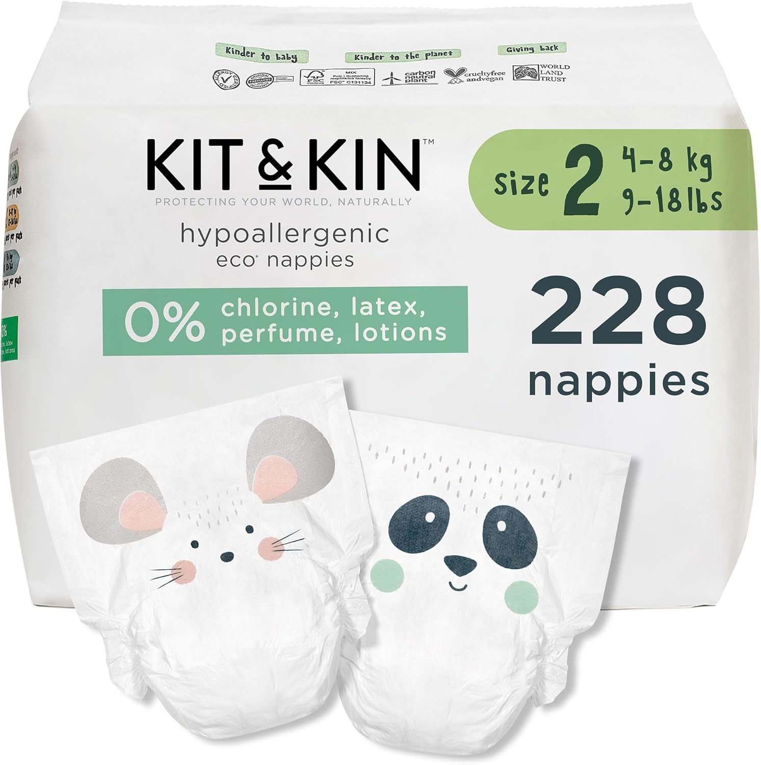 Kit & Kin Premium Eco Baby Nappies Size 2 | 4-8 kgs / 9-18 lbs | Pack of 228 Nappies | Plant-Based & Hypoallergenic | Superior up to 12 Hour Leak Protection | Vegan & Cruelty Free