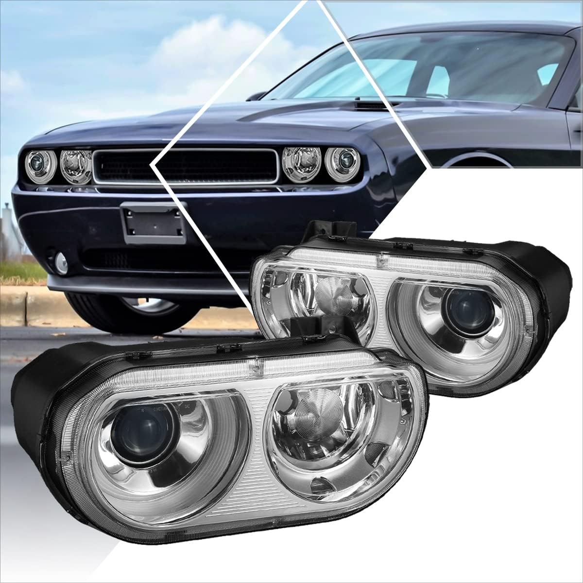 PM PERFORMOTOR Factory Style HID Projector Headlights Assembly Compatible with 08-14 Dodge Challenger,Chrome Housing/Clear Lens