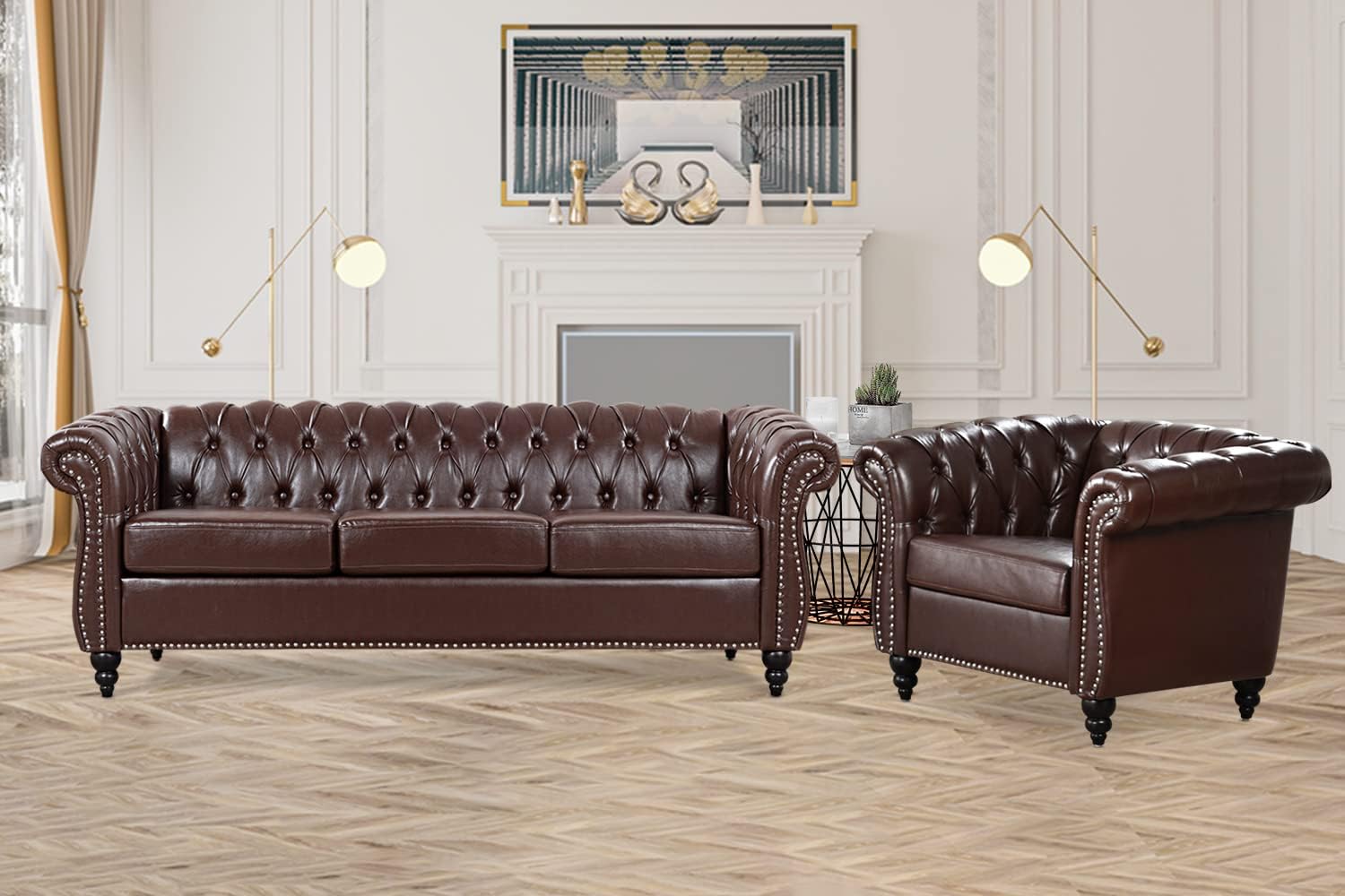 Brown Leather Sectional Chesterfield Sofa Set, Luxury Couch for Living Room, Comfy Deep-Seat 3-Seater Couch and Chair Set for Bedroom, Office, or Apartment. Tool-Free 2-Piece Assembly.