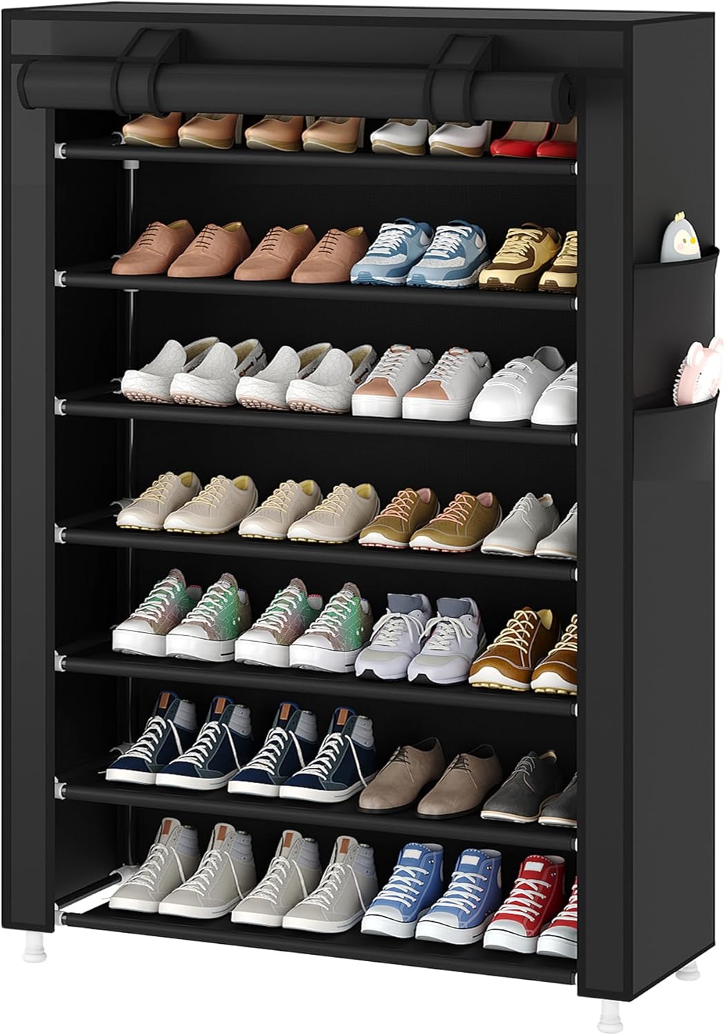 Laiensia 7-Tier Vertical Shoe Rack Organizer, Space Saving Shoe Storage Organizer, Non-Woven Cover Shoe Shelf Holds 21-28Pairs for Bedroom, Hallway, Closet Entryway, Black