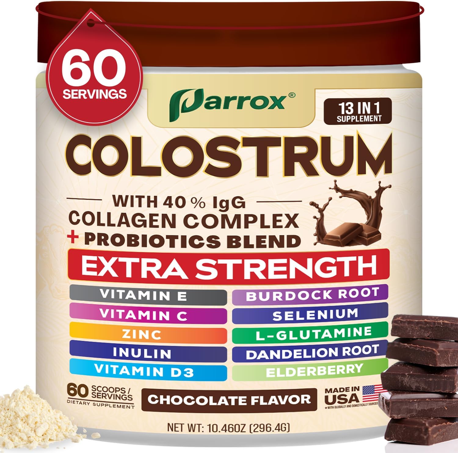 Colostrum Powder with 40% IgG, Collagen, Probiotics, Burdock Root, L-Glutamine, Elderberry, Vitamin C, Vitamin E, Vitamin D3, Inulin, Selenium, Dandelion Root, Zinc, 60 Servings (Chocolate)