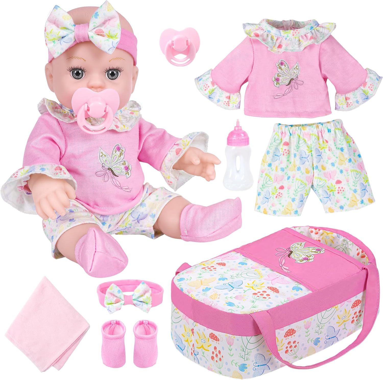 ZNTWEI 12 Inch Baby Doll Bassinet Bed Set with Washable Clothes and Accessories Includes Bassinet Bed, Bottles, Nipple, Blankets, First Baby Dolls for Toddlers 36 Months and Up