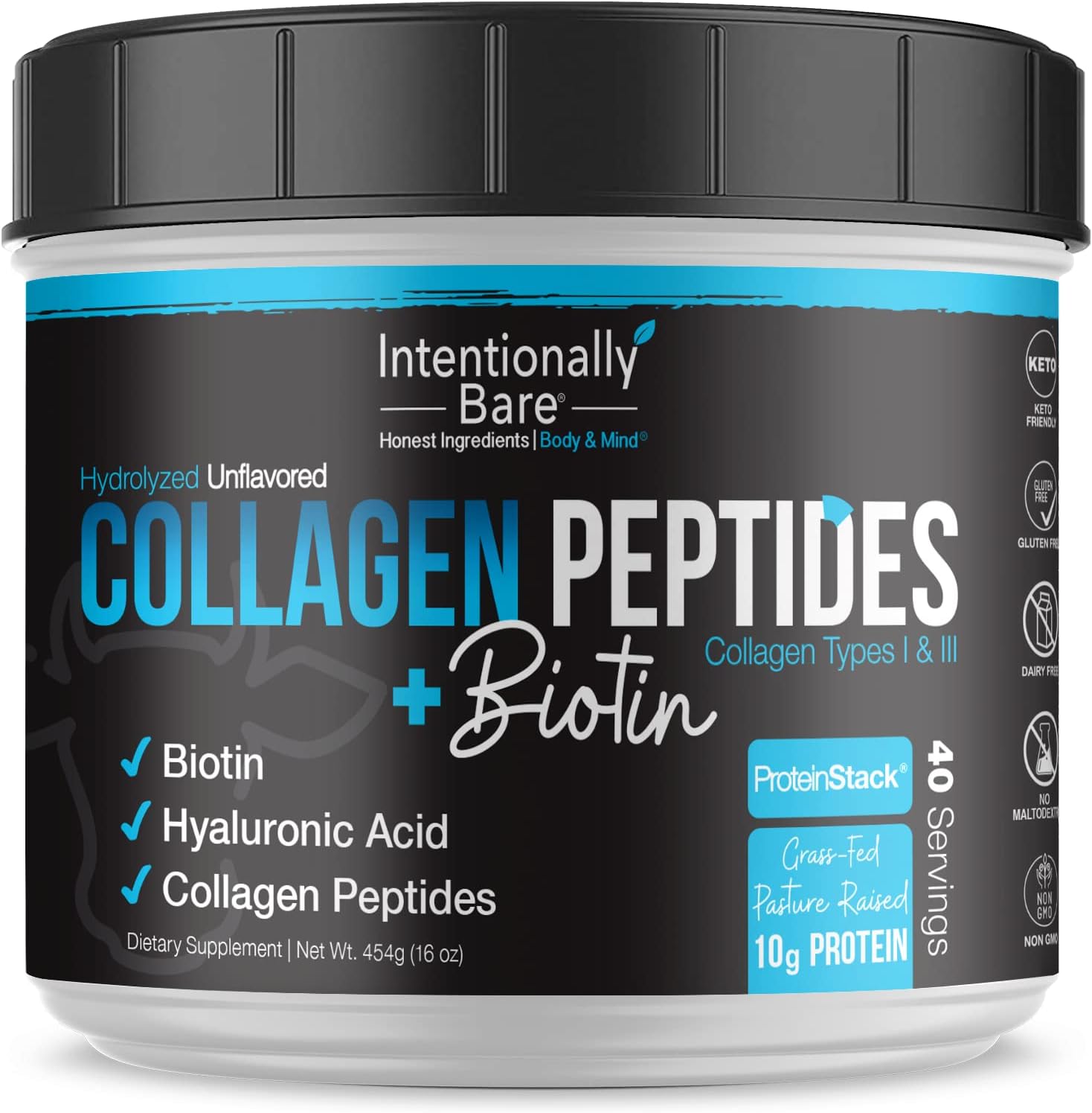 Intentionally Bare Collagen Powder Unflavored - Collagen Peptides Powder with Biotin & Hyaluronic Acid - Non-GMO & Grass Fed Collagen Protein Powder with 10g Protein - Keto Collagen Powder 40 Servings