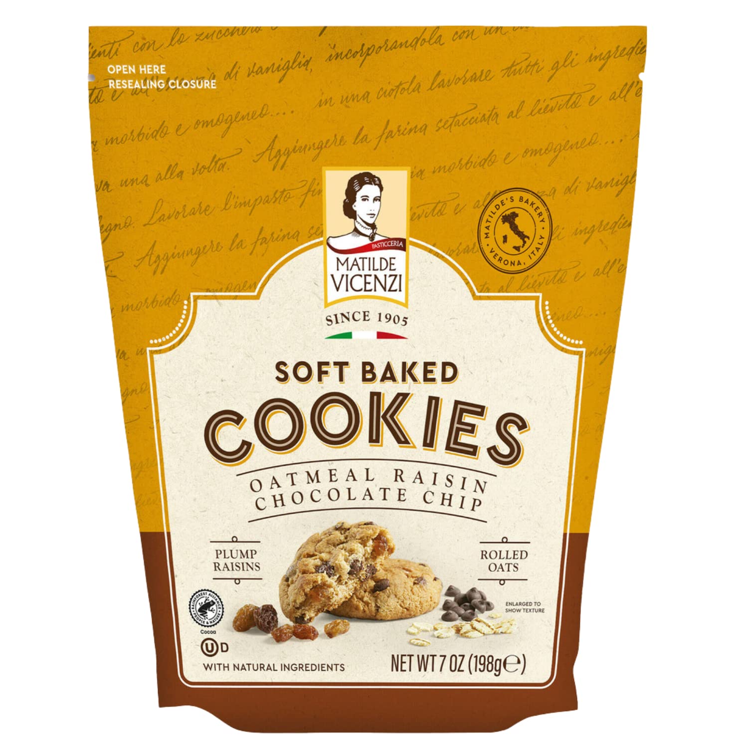 Pasticceria Matilde Vicenzi Soft Baked Cookies - Fresh Baked Rolled Oats & Plump Raisins In A Resealable Bag For Freshness - Made In Italy - Oatmeal Raisin Chocolate Chips 7 oz.