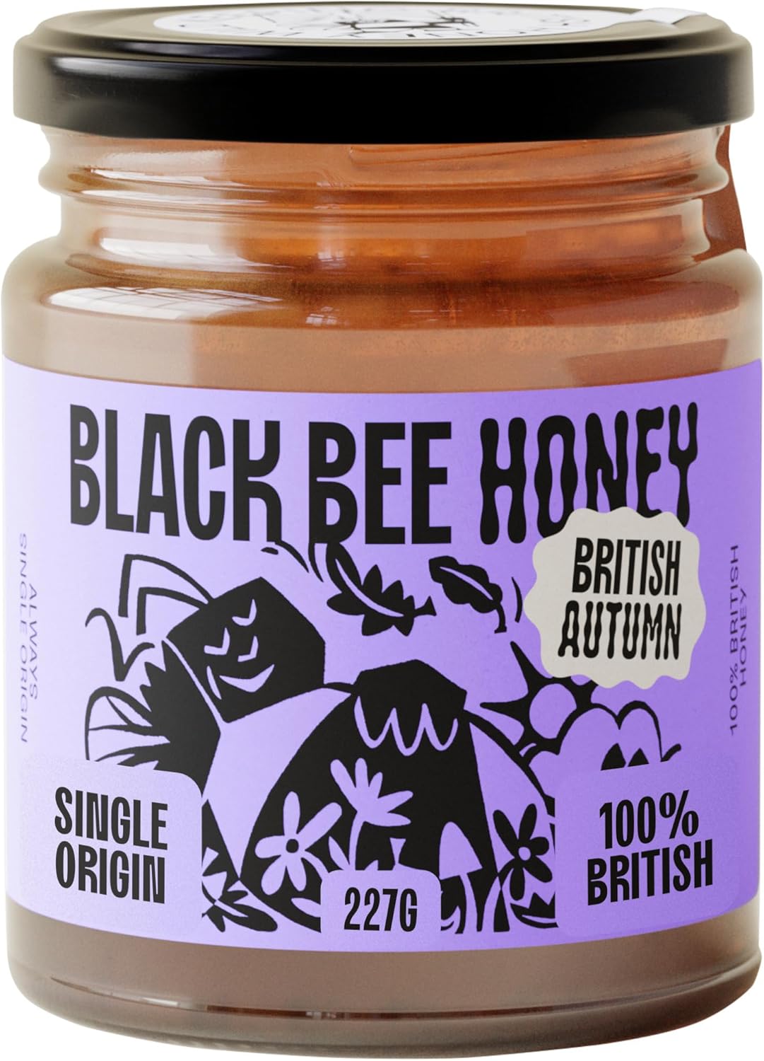 Black Bee Honey - Pure British Autumn Honey, Thick with Bold Aromatic Flavours, Unprocessed, Single Source from Hive to Jar, Never Blended - Delicious on Toast, Soothing in Drinks, 227g Glass Jar
