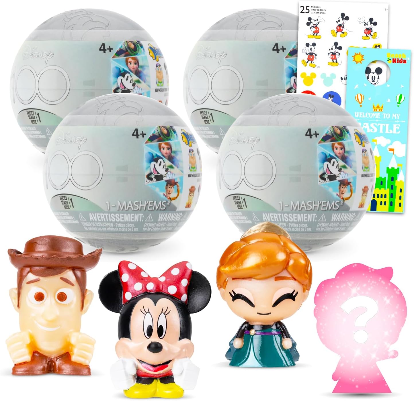 Disney 100th Anniversary Blind Box Party Favors - Bundle with 4 Mash'Ems Blind Ball Mini Figures Mystery Toys Plus Stickers, More | Disney Squishy Toys for Kids, Boys, Girls