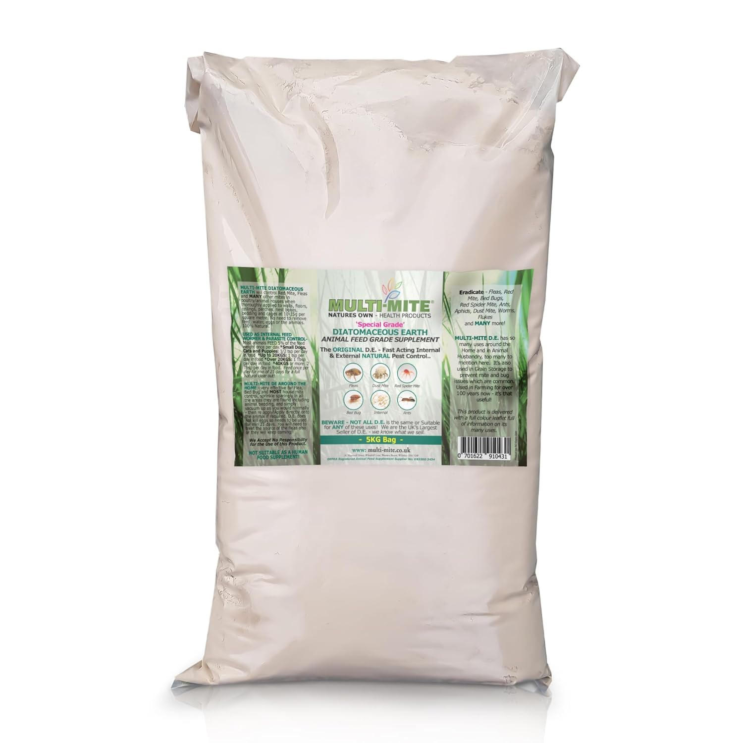 Multi-Mite 5KG DIATOMACEOUS EARTH Feed Grade DE Special Grade - 100% Natural - Red Mite Fleas & All Animal Lice Control Powder
