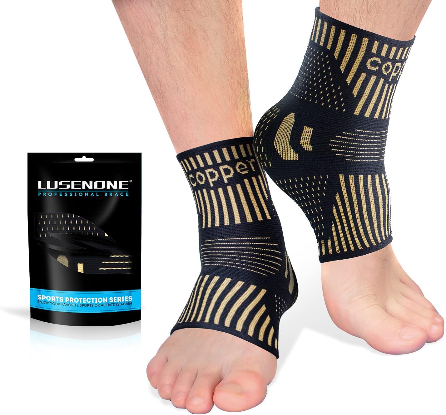Lusenone Copper Ankle Brace Support for Men & Women (Pair), Best Ankle Compression Sleeve Socks for Plantar Fasciitis, Sprained Ankle, Achilles Tendon, Pain Relief, Recovery, Sports