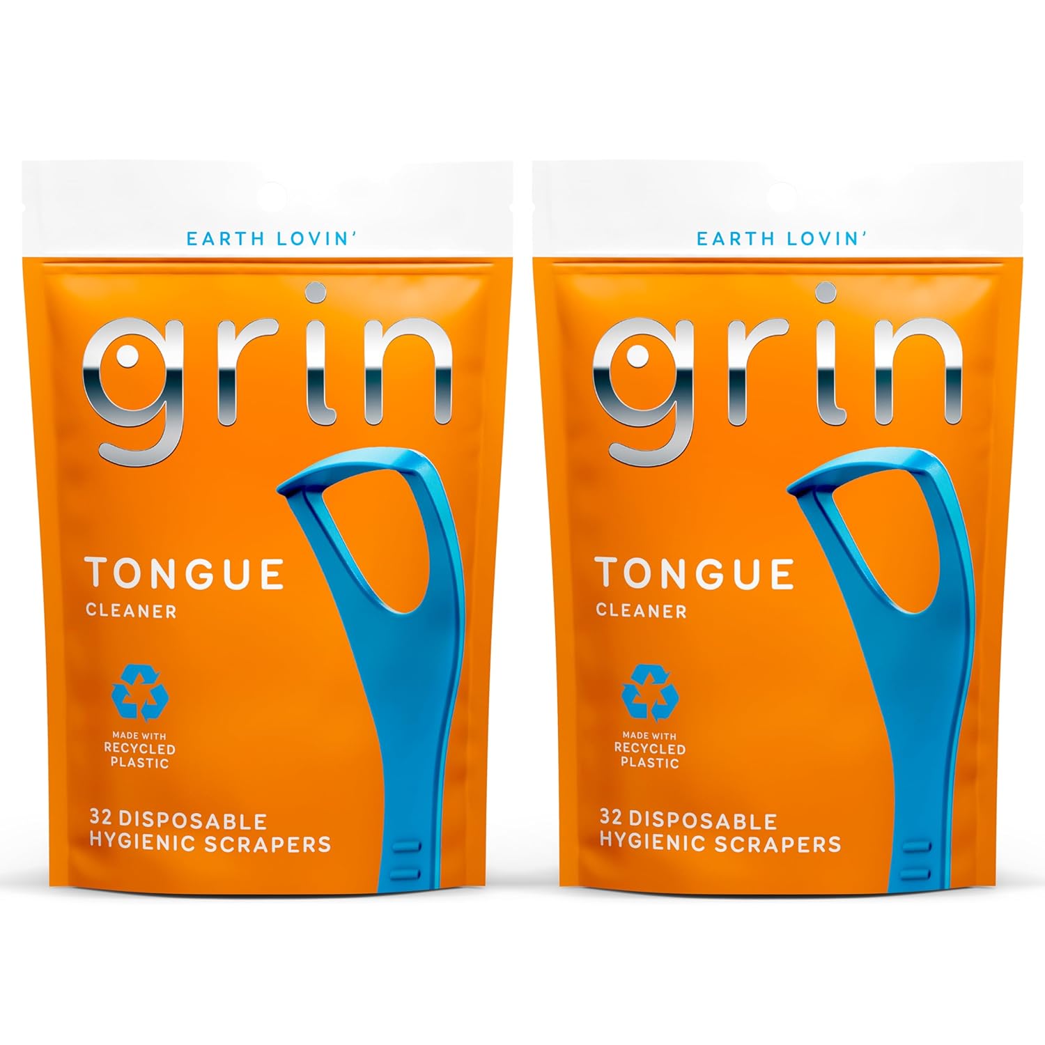 GRIN Tongue Cleaner, 32 Count, Disposable Tongue Cleaner, Hygienic Scraper, Recycled Plastic, Clean Tongue, Promote Fresh Breath, Includes Safe Fold- Back Tooth Pick (Pack of 2)