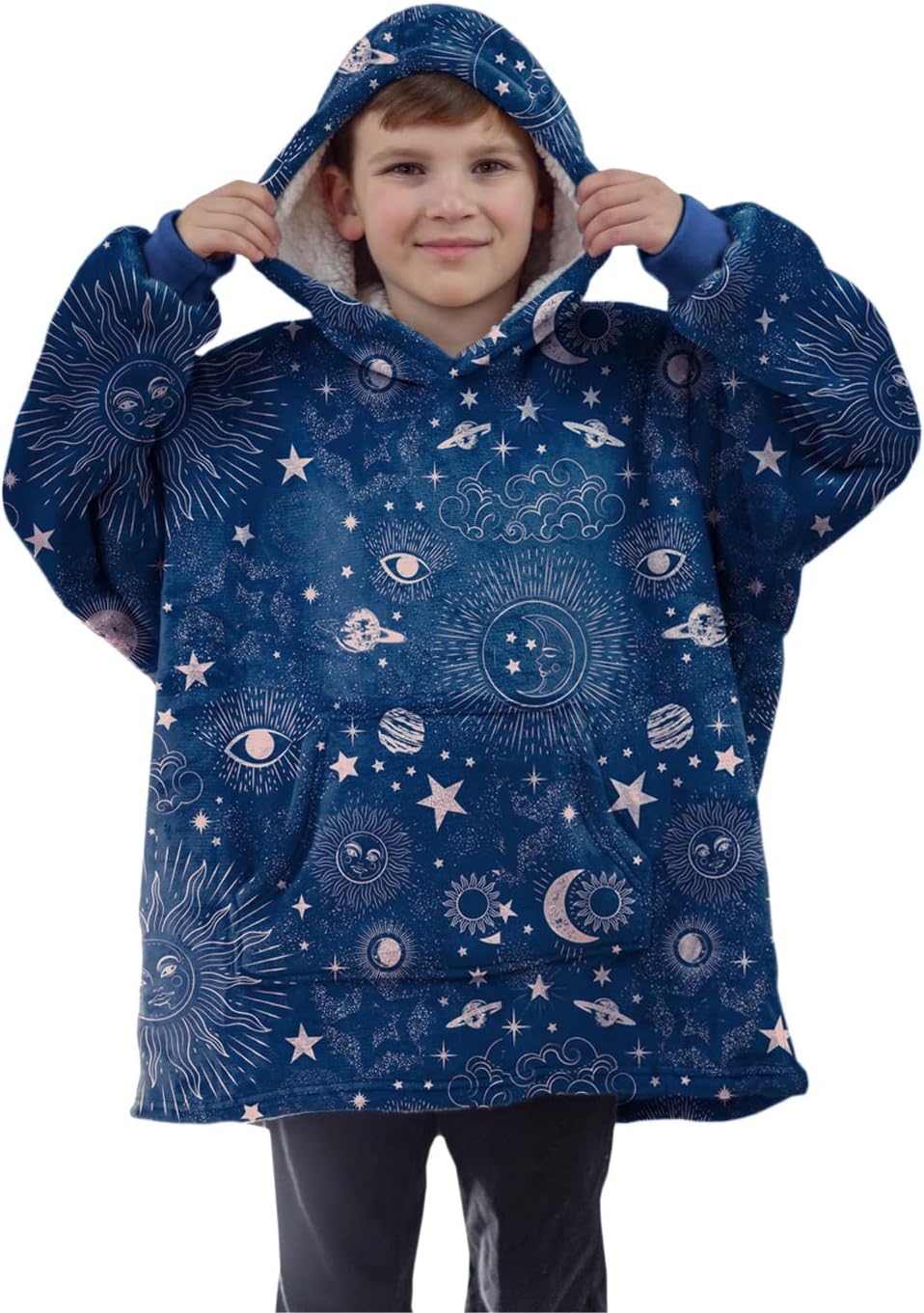 ALLEN & MATE Hoodie Blanket Ultra Soft Warm Cosy Sherpa Fleece Oversized Sweatshirt for Boys Girls Teens Women Men Adults (Blue Space, 9-14 Years)