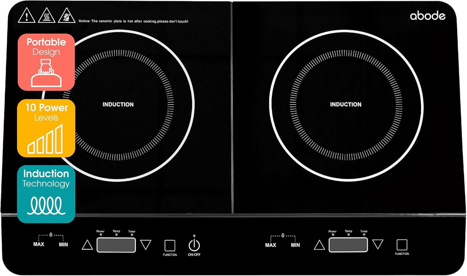 Abode Double Induction Hob Portable Digital Touch Control 2800W Double Electric Hob with 2 Cooking Zones, Plug In & Go, 10 Heat Settings 3 Hour Timer Black, Child Safety Lock AINDH2003