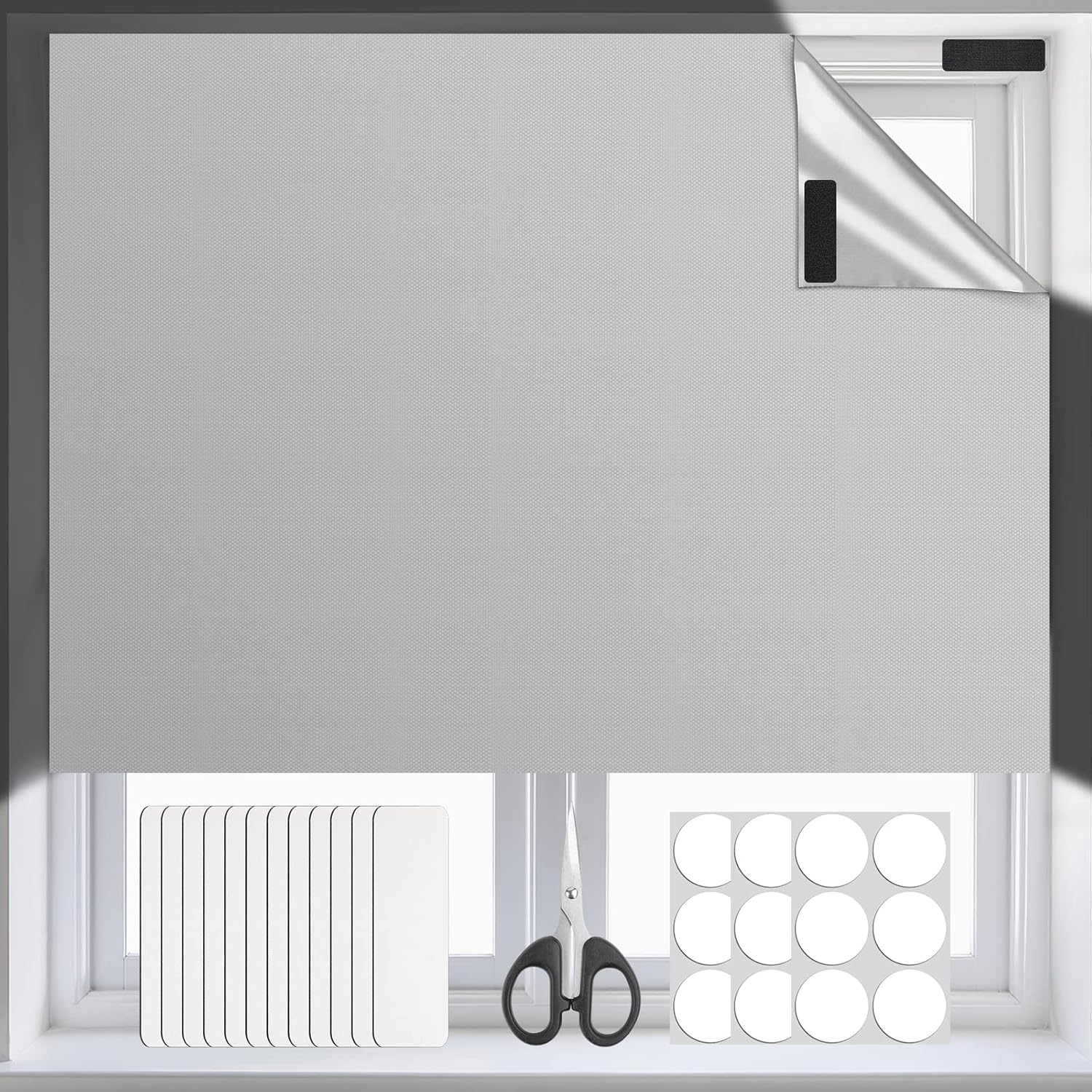 Blackout Blinds Stick On 300x145cm, Portable 100% Black Out Material, Temporary Blocking Lights Curtains Window Cover for Nursery Bedroom and Travel, with Self Adhesive Fasteners and Scissors(Grey)