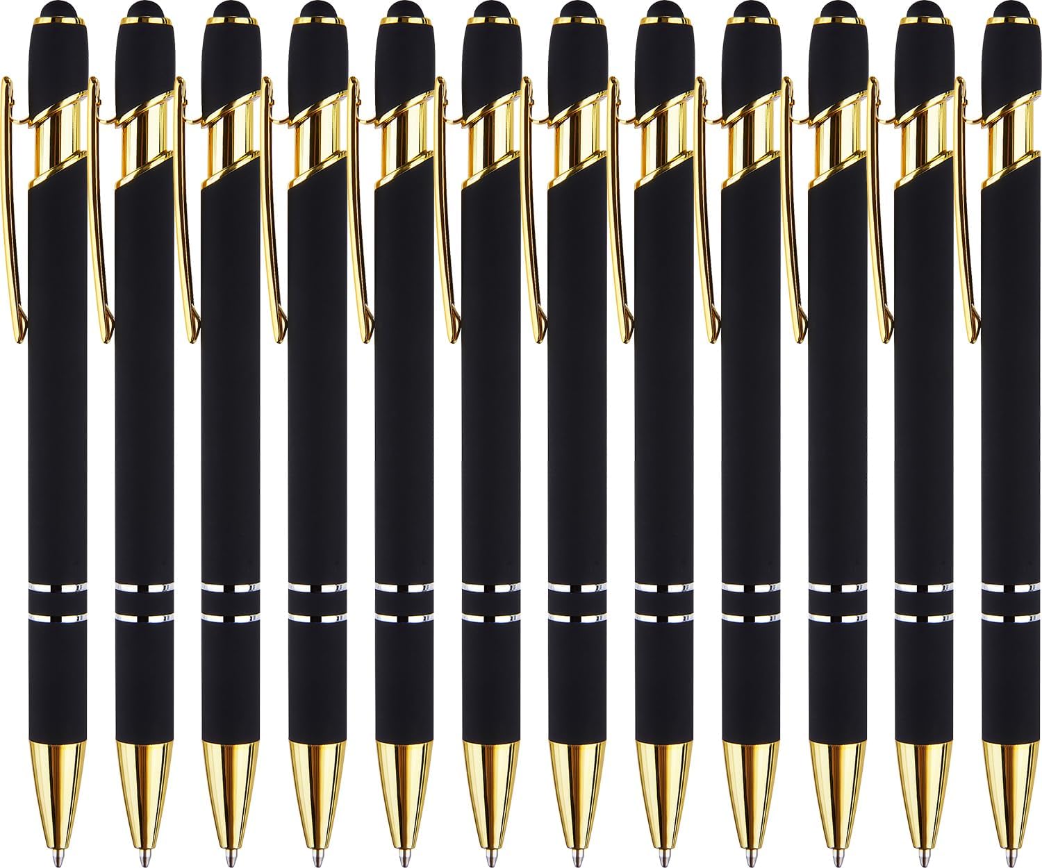 LINFANC 12 Pack Black Gold Ballpoint Pen with Stylus Tip, 1.0 mm Black Ink Smooth Writing Pens, Metal Stylus Pens for Touch Screens