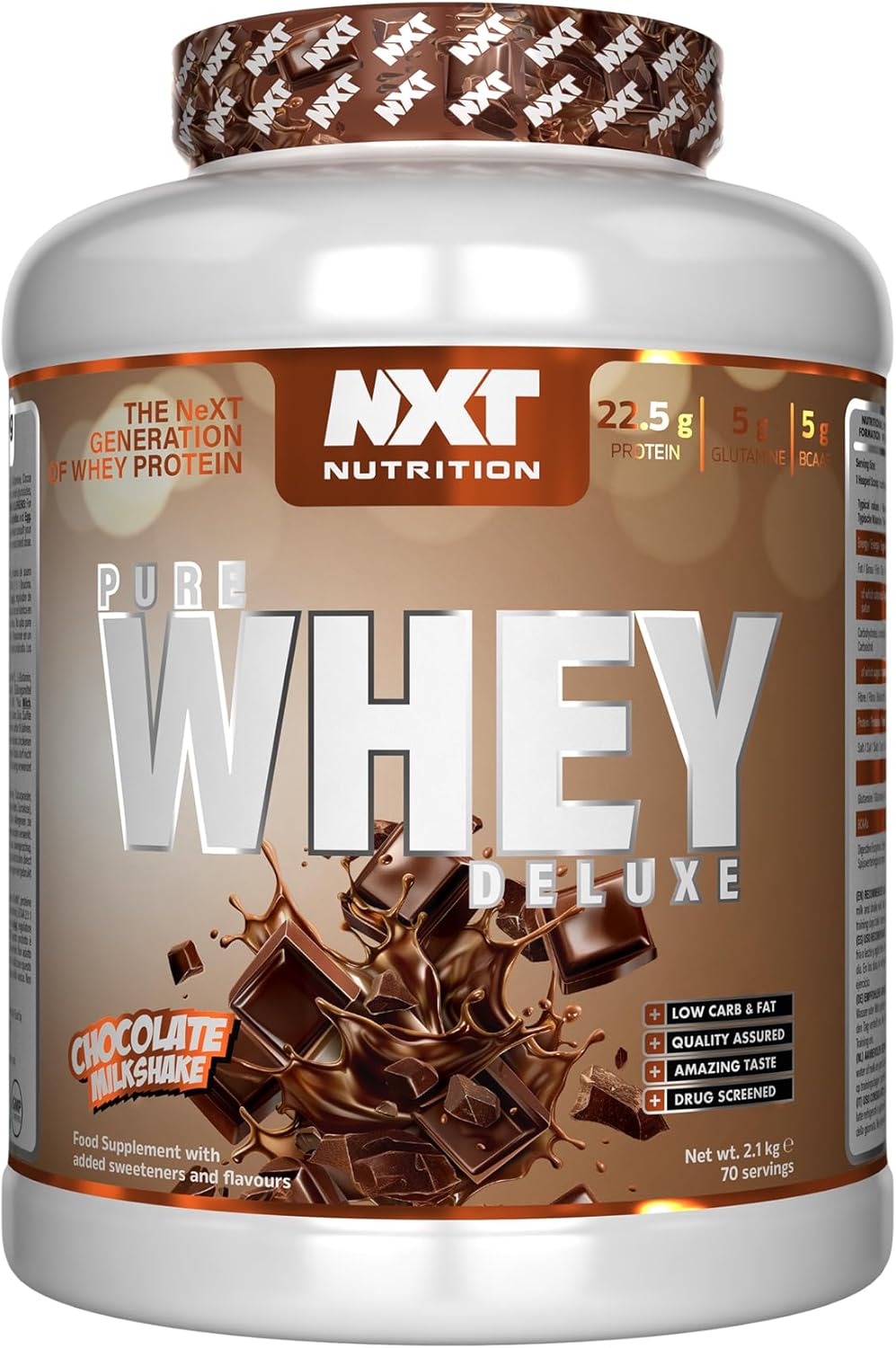 NXT Nutrition Pure Whey Deluxe 2.1kg | Whey Protein | Muscle Growth and Recovery | 70 Servings | 5g Glutamine | 5g BCAA | Chocolate Milkshake