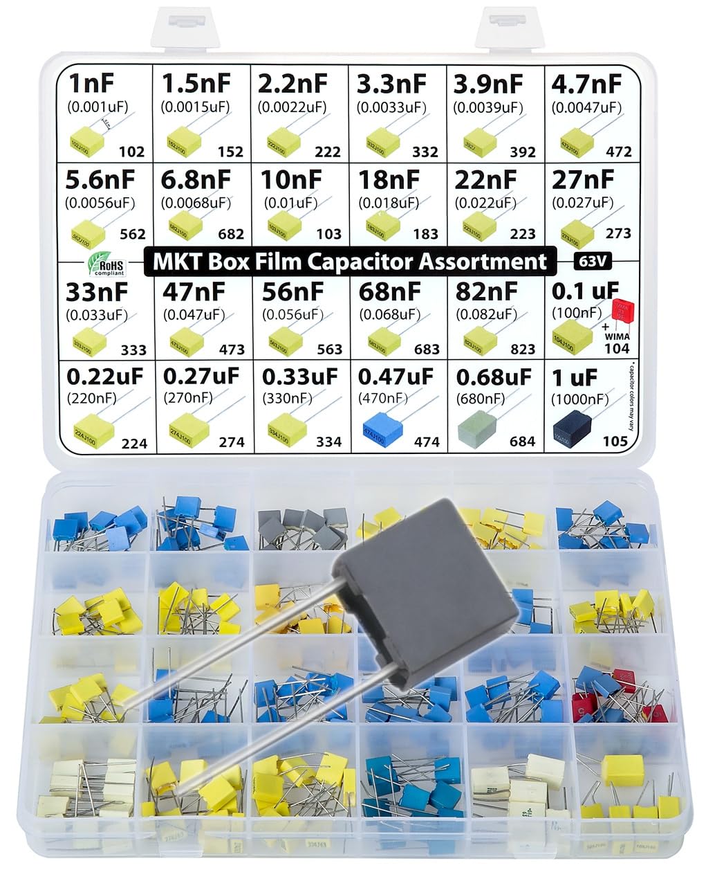 Metallized Polyester MKT PET Film Box Capacitor Assortment Kit, 235 pcs, 24 Values, 63V, 1nF to 1uF
