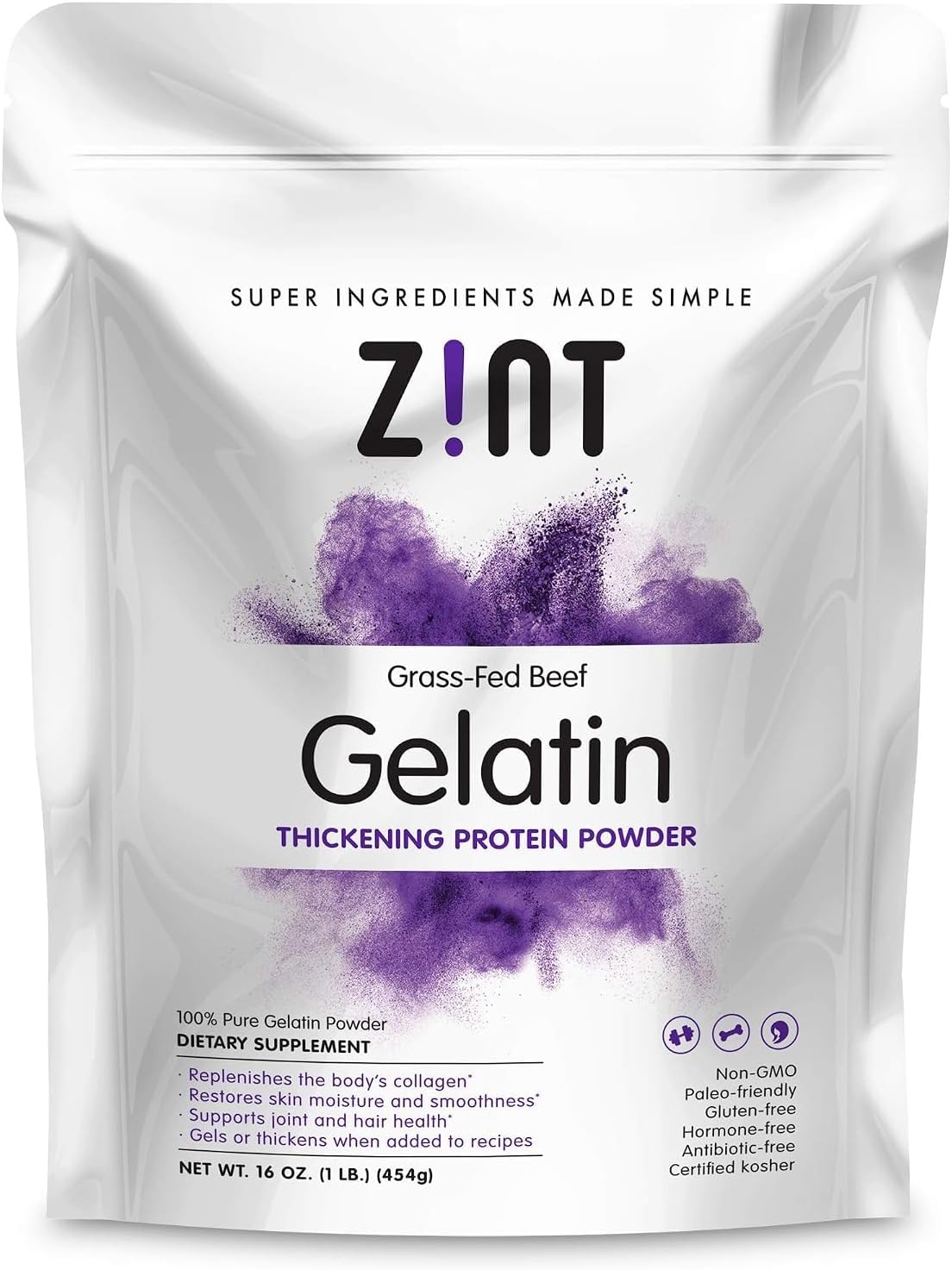 Unflavored Gelatin Powder,Kosher beef gelatin By Zint -organic,pasture raised 1Lb
