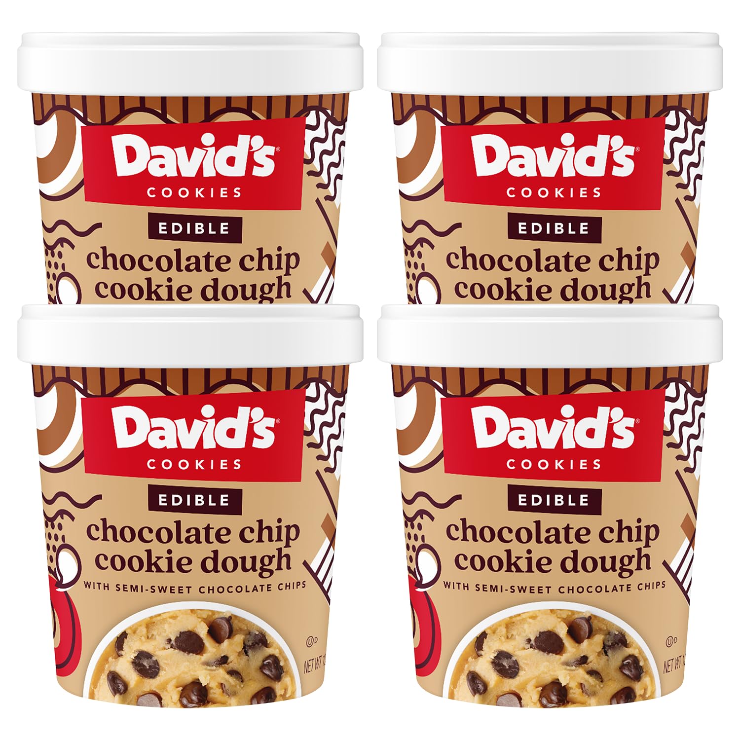 David’s Cookies Chocolate Chip Edible Cookie Dough – 4 Tubs (12oz Each) – Safe-to-Eat, Eggless Recipe with Heat-Treated Flour – Loaded with Semi-Sweet Chocolate Chips – Ready-to-Eat Dessert Treat