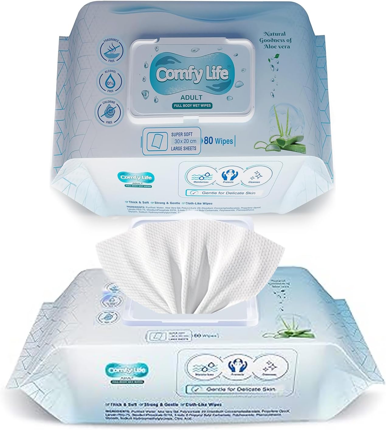 Comfy Life Premium Full Body Cleansing Wet Wipes For Adults - Large Luxury Fresh-feel Rinse-free Fragrance-free Bed Bath Intimate-care Soft Sheets (1 Pack (80 Wipes)