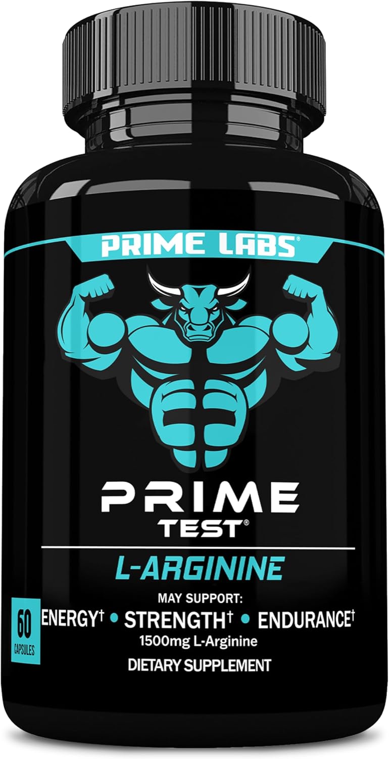 Prime Labs L Arginine Nitric Oxide - with L-Arginine 1500mg - Supports Blood Flow, Energy, Strength, Endurance - 60 Capsules