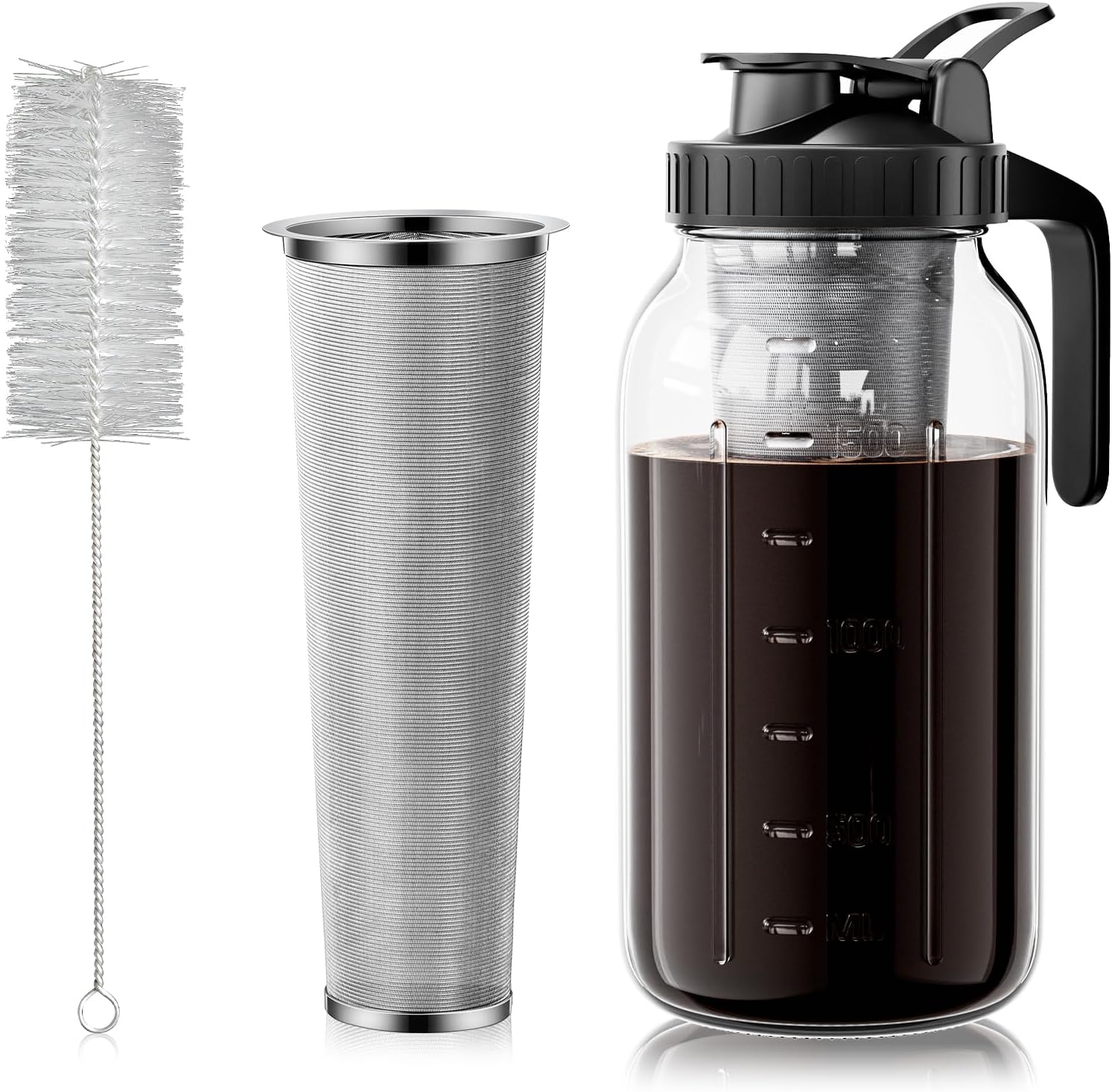 64oz Cold Brew Coffee Maker with Stainless Steel Mesh Filter, 2 Quart (1.9 Liter) Heavy Duty Iced Coffee Maker w/Flip Cap Lid and Spout