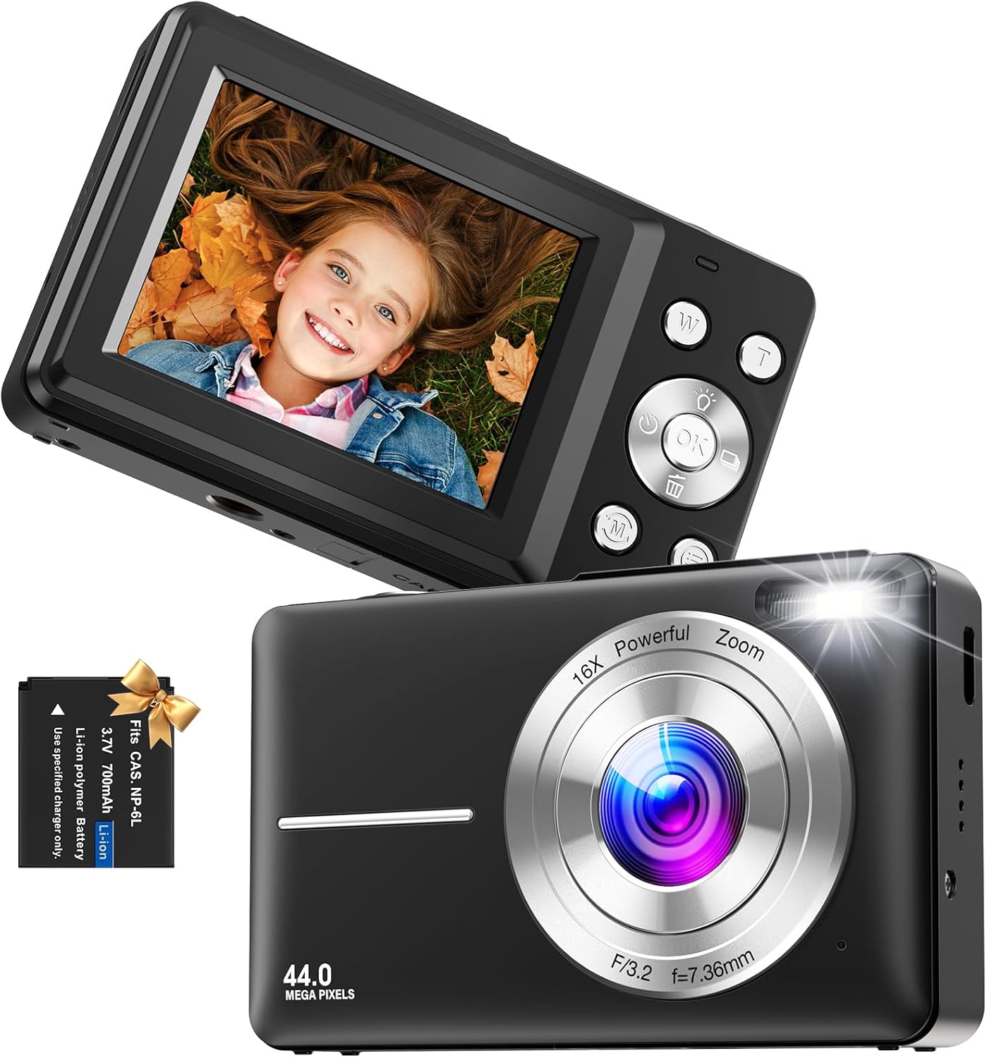 Digital Camera, Vlogging Camera Rechargeable Portable Mini Cameras FHD 1080P 44MP Compact Cameras with 16X Digital Zoom, with 1 Battery for Teens,Kids,Beginners（Black）