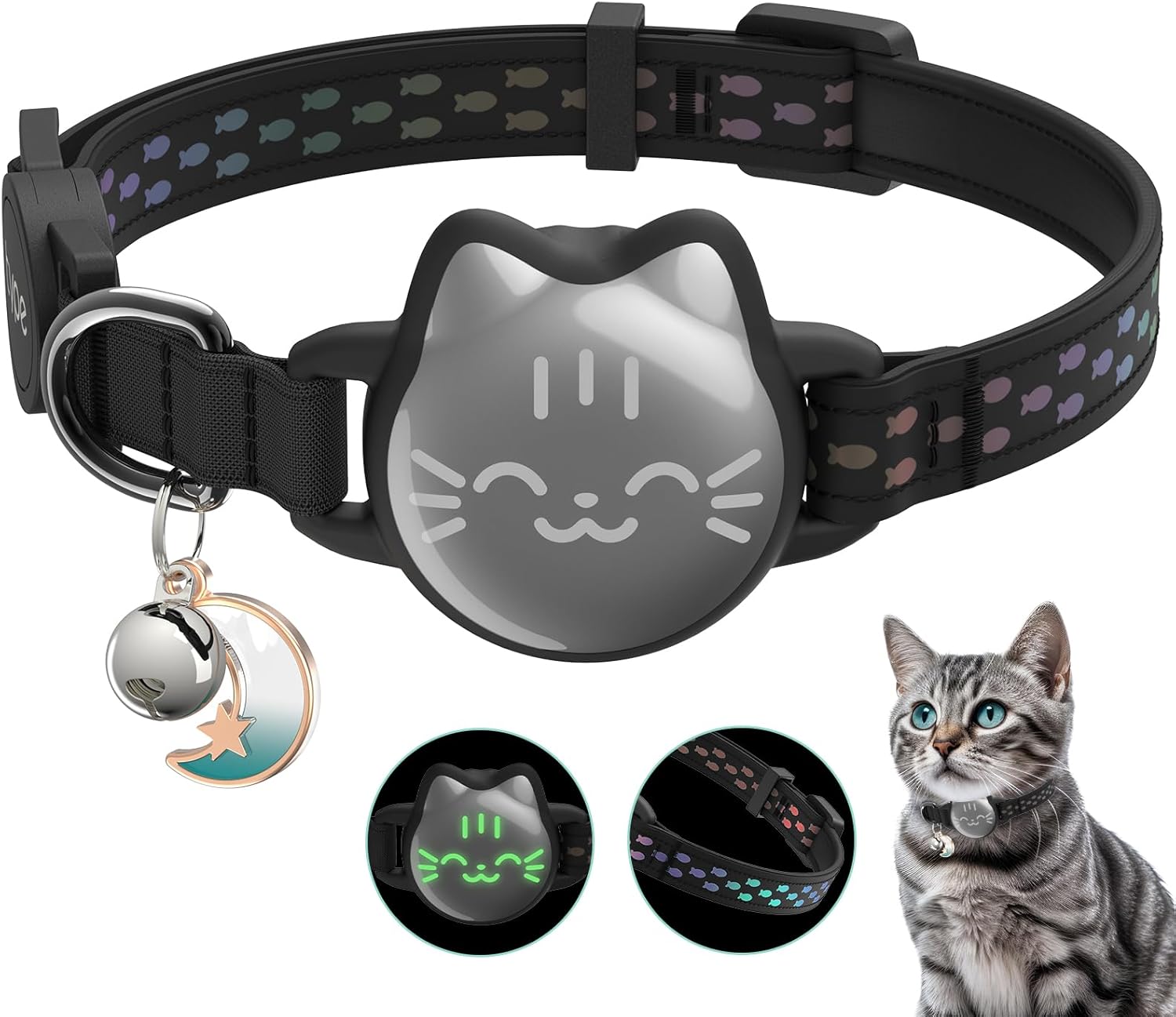 Waterproof Airtag Cat Collar, Breakaway Cat Airtag Collar with Luminous & Reflective Fish Pattern, Lightweight Kitten Collars for Apple Air tag, Hidden GPS Tracker Holder for Cats, Kittens(9-13")