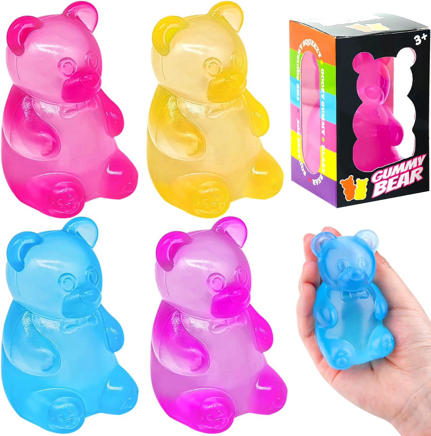 4Pcs Doh Fidget Toys, Stress Balls for Adults Kids, Squishy Stress Relief Toys, Sensory Squeeze Balls Finger Exercise Fidget Cube Bear Toy, Birthday Easter Gifts for Kids, Stocking Fillers