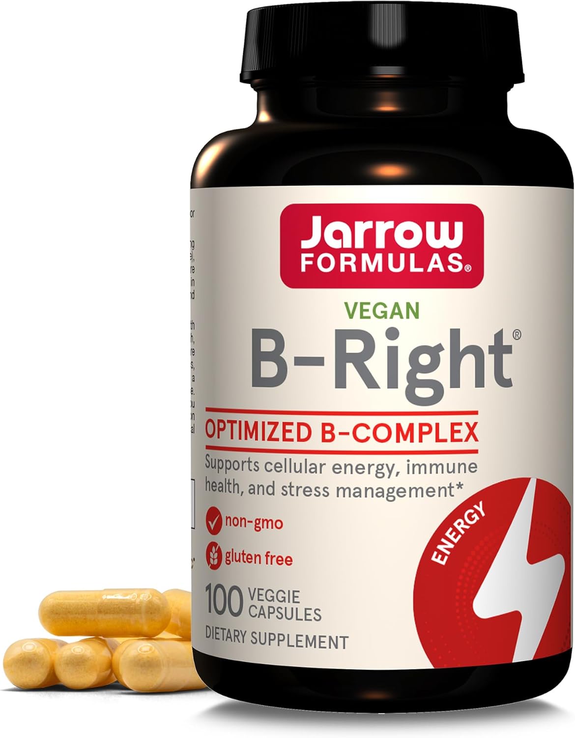 Jarrow Formulas B-Right, Optimized B Complex Featuring Vitamin B1, B2, B5, B6, B12 and B9 to Support Cellular Energy, Immune Health and Stress Management, 100 Veggie Capsules, Up to a 100 Day Supply
