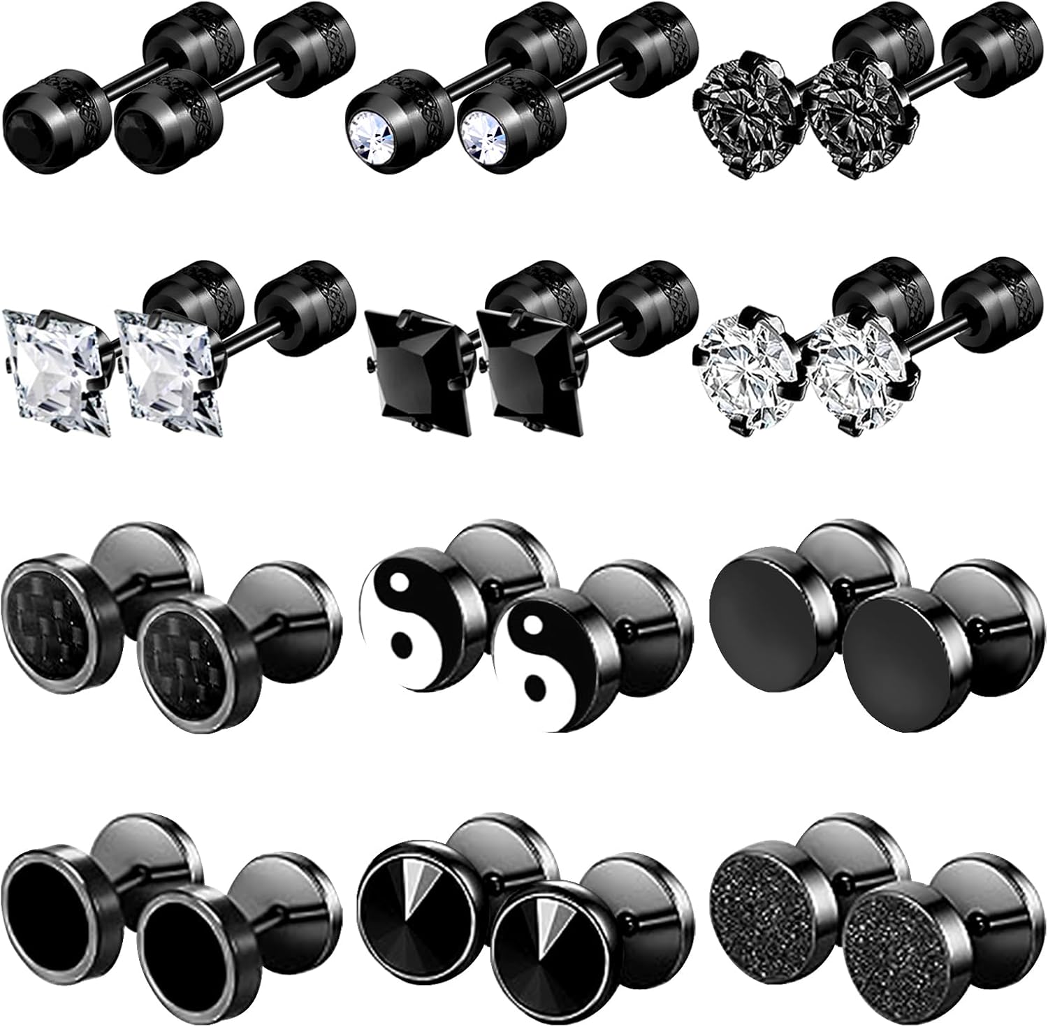 NEWITIN 12 Pairs Stainless Steel Stud Earrings for Men Hypoallergenic Earring Flatback Black Earring Set Screw Back Studs Inlaid Cubic Zirconia Stud Earrings for Women Men