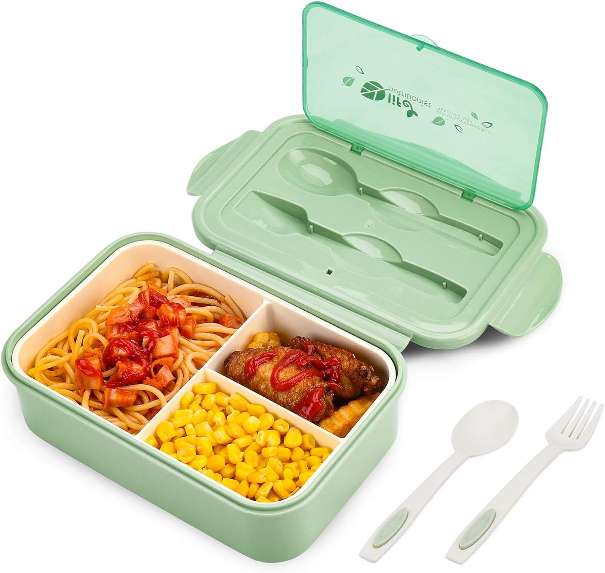 BIBURY Lunch Box, Leakproof Bento Box for Kids Adults, Food Container with 3 Compartments and Cutlery Set, BPA Free, Microwave and Dishwasher Safe Meal Prep Containers - Green