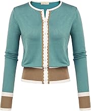 Women's Cardigan Sweater Color Block Long Sleeve Crew Neck Knit Cardigan Trendy Cropped Cardigan Shrug
