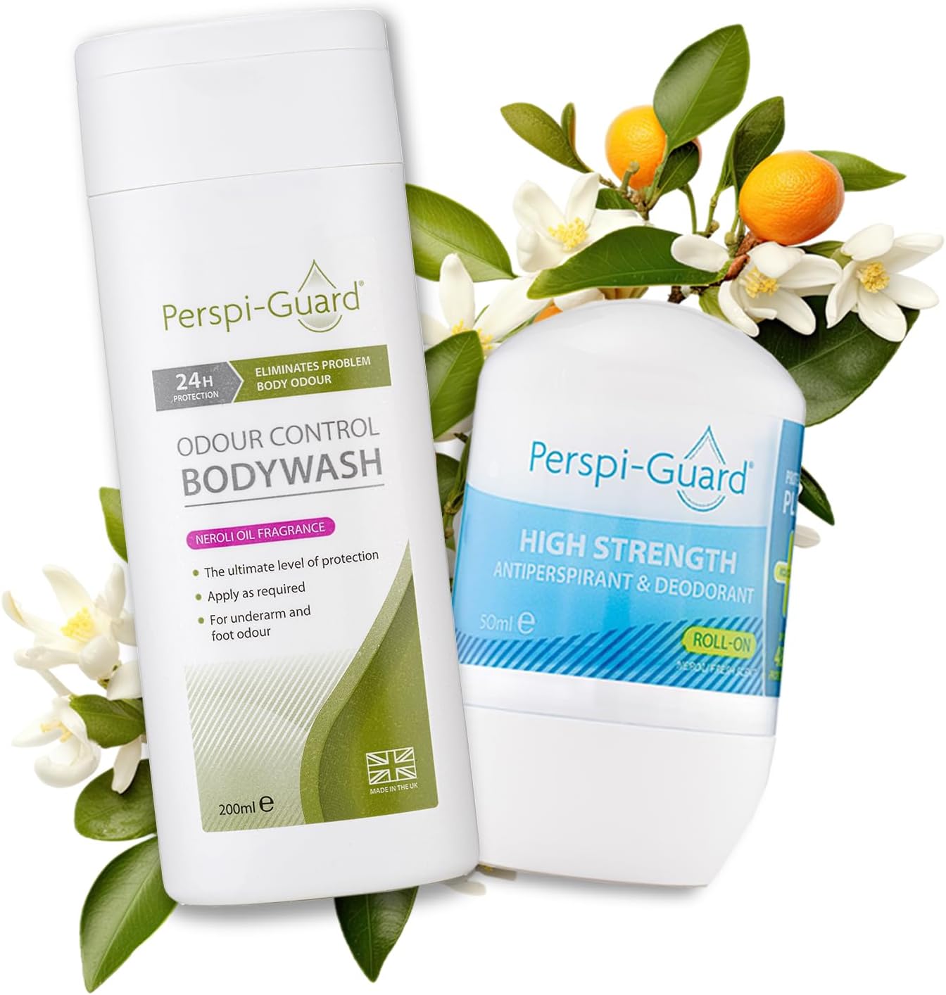Perspi-Guard Antibacterial Body Wash & 48 Hr Strong Antiperspirant Duo w/Neroli - Unisex Odour Control Antibacterial Shower Gel w/Triclosan & Anti Sweat Deodorant for Excessive Sweating - 2-Pack