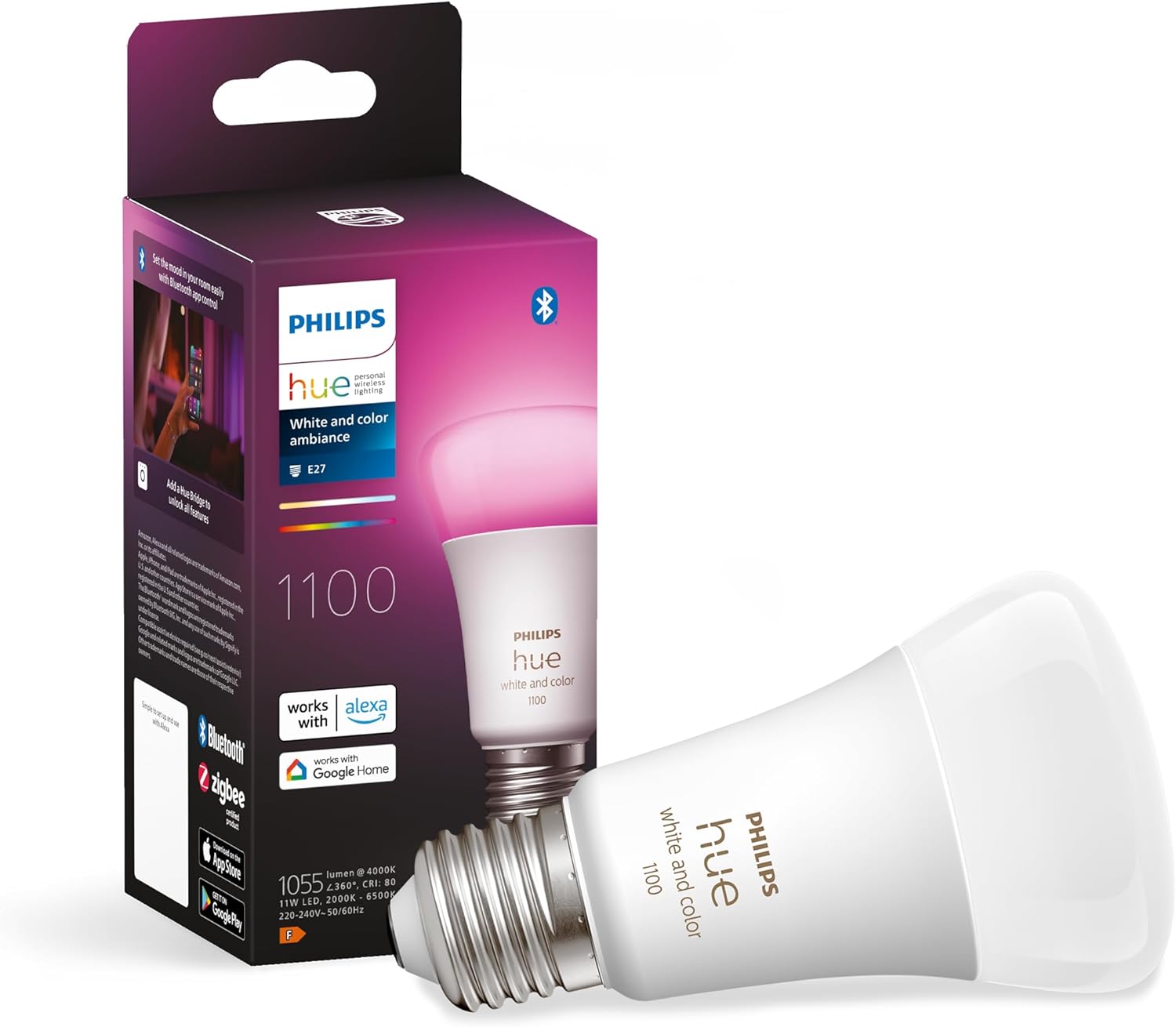 Philips Hue New White and Colour Ambiance Smart Light Bulb 75W - 1100 Lumen [E27 Edison Screw] with Bluetooth. Works with Alexa, Google Assistant and Apple Homekit.