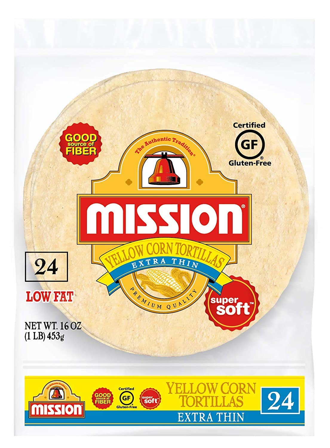 Mission Extra Thin Yellow Corn Tortillas, Gluten Free, Trans Fat Free, Small Soft Taco Size - 2 Packs 1 Pound (Pack of 2)