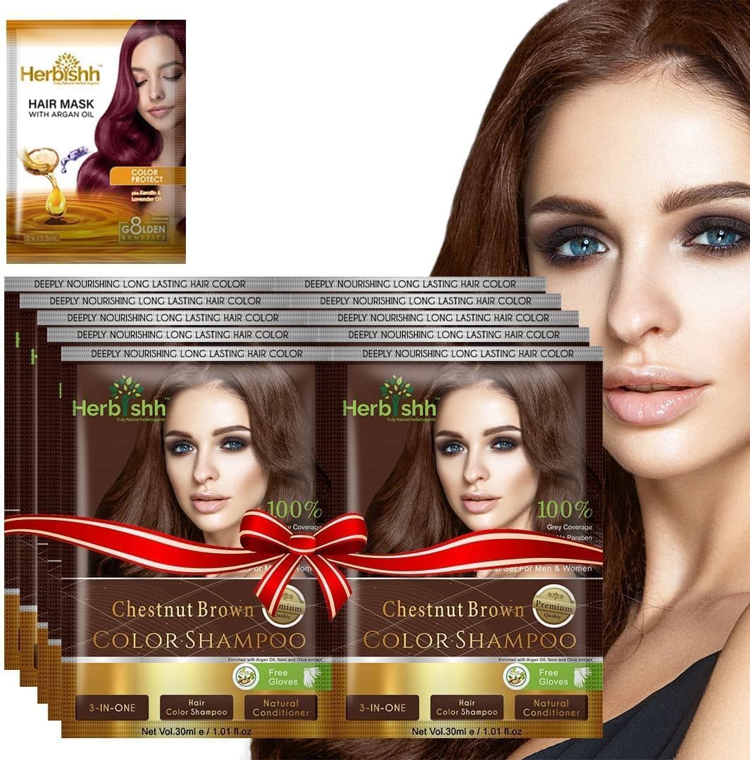 Herbishh Hair Color Shampoo for Gray Hair– Hair Dye Shampoo with Argan Hair Mask–Travel size-Colors Hair in Minutes–Long lasting colour–10pack+1pack–Ammonia-Free (Chestnut Brown)