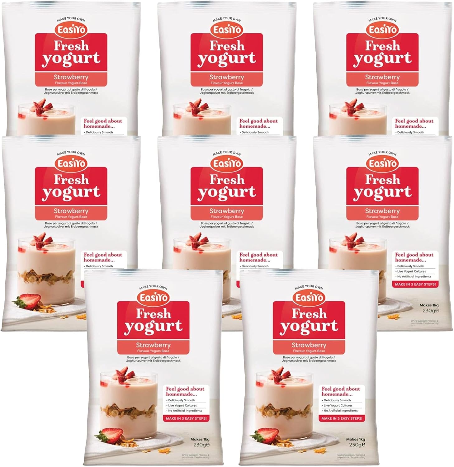 EasiYo Strawberry Yogurt 8 Sachet Pack | Each Sachet Makes 1KG of Yogurt