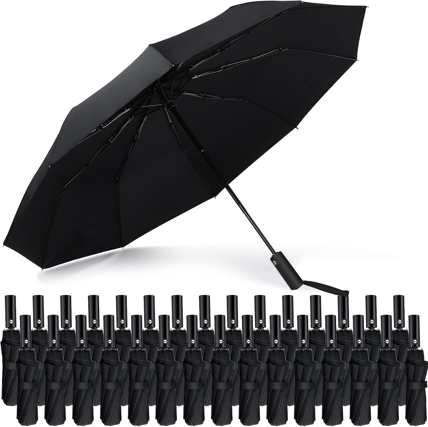 Jexine 30 Pcs Portable Travel Umbrella 10 Ribs Windproof Automatic Open Close Compact Umbrella Strong Light Folding Umbrella for Rain Car Backpack, Black