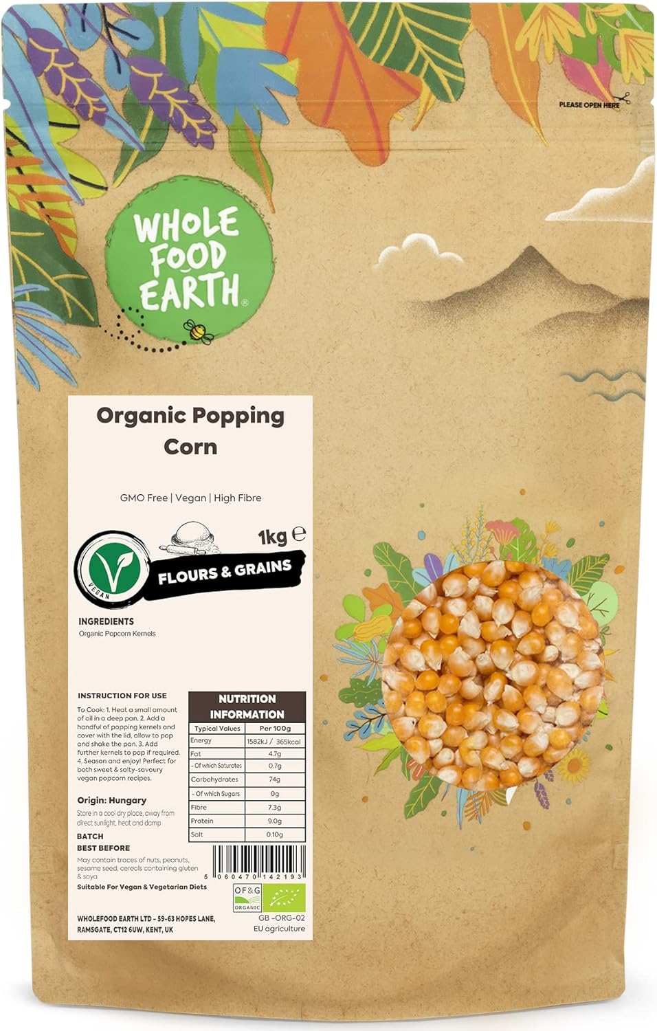 Wholefood Earth Organic Popping Corn – 1kg | GMO Free | Vegan | High Fibre | Certified Organic