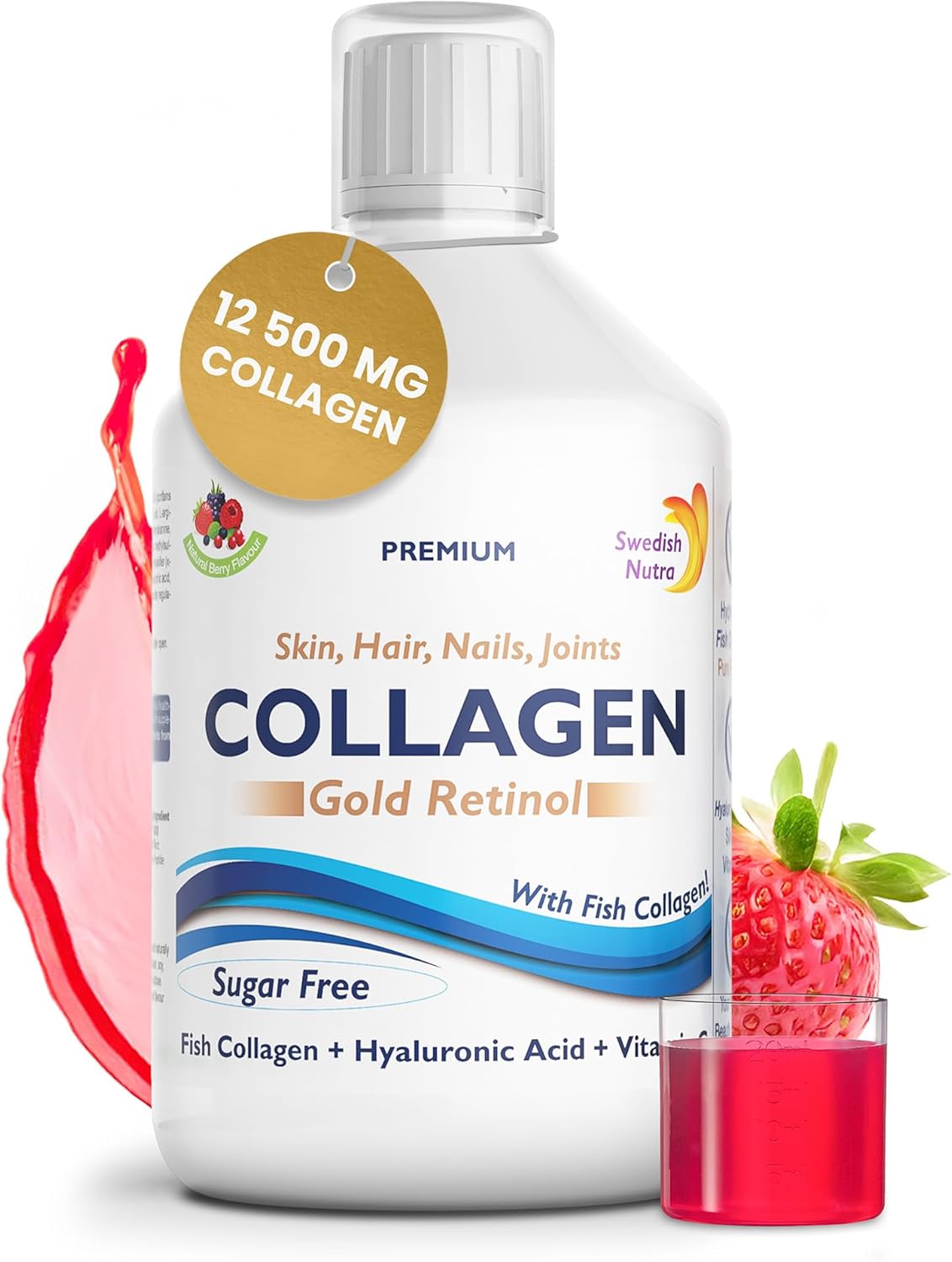 Swedish Nutra - 12,500 mg Hydrolyzed Marine Collagen & Gold Retinol Liquid Supplement - 500 ml Pack, 20 Day Supply | Pure Peptide & Hyaluronic Acid for Healthy Hair, Skin, Nails & Joints I Sugar-Free